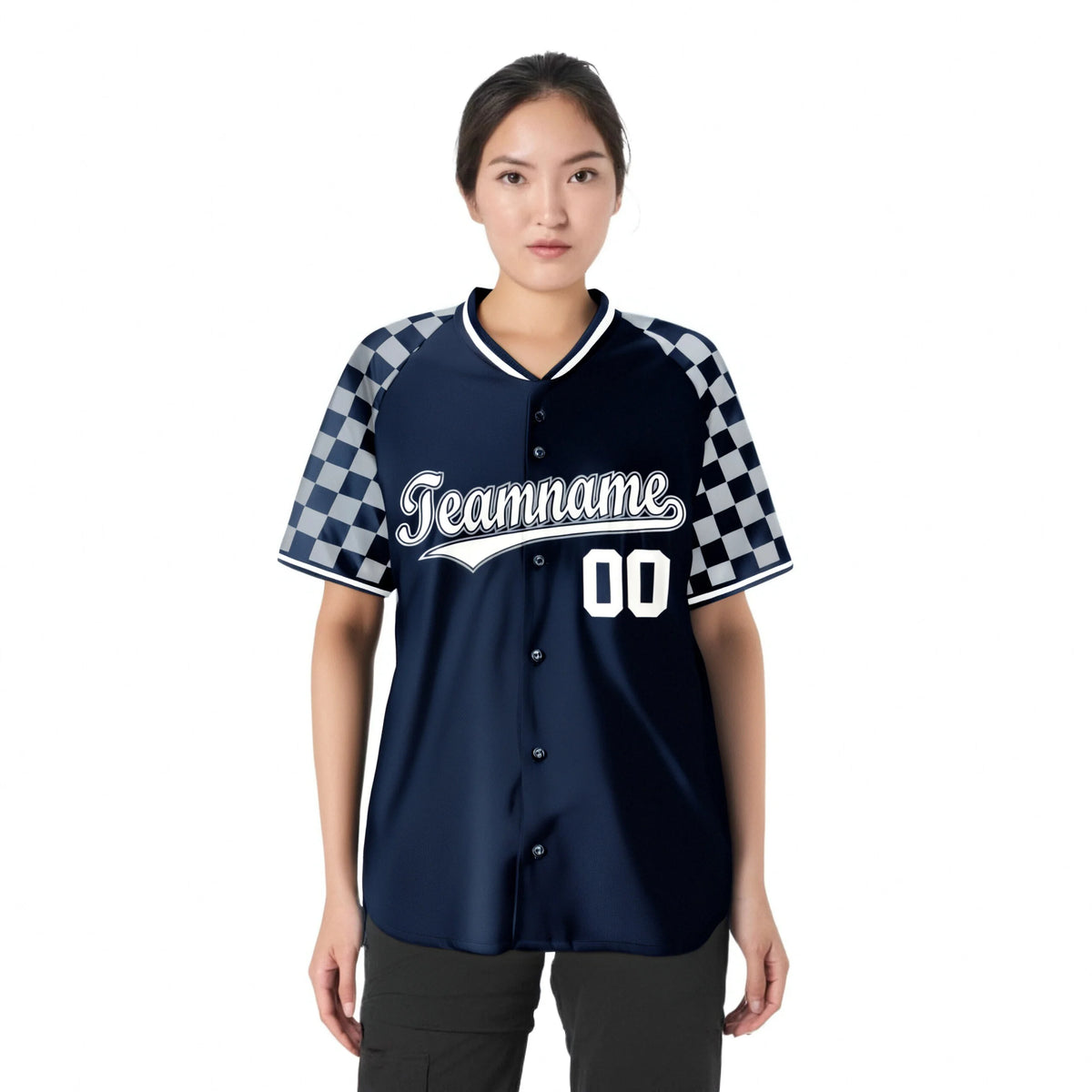 Custom Navy White-Gray Authentic Plaid Sleeve Baseball Jersey