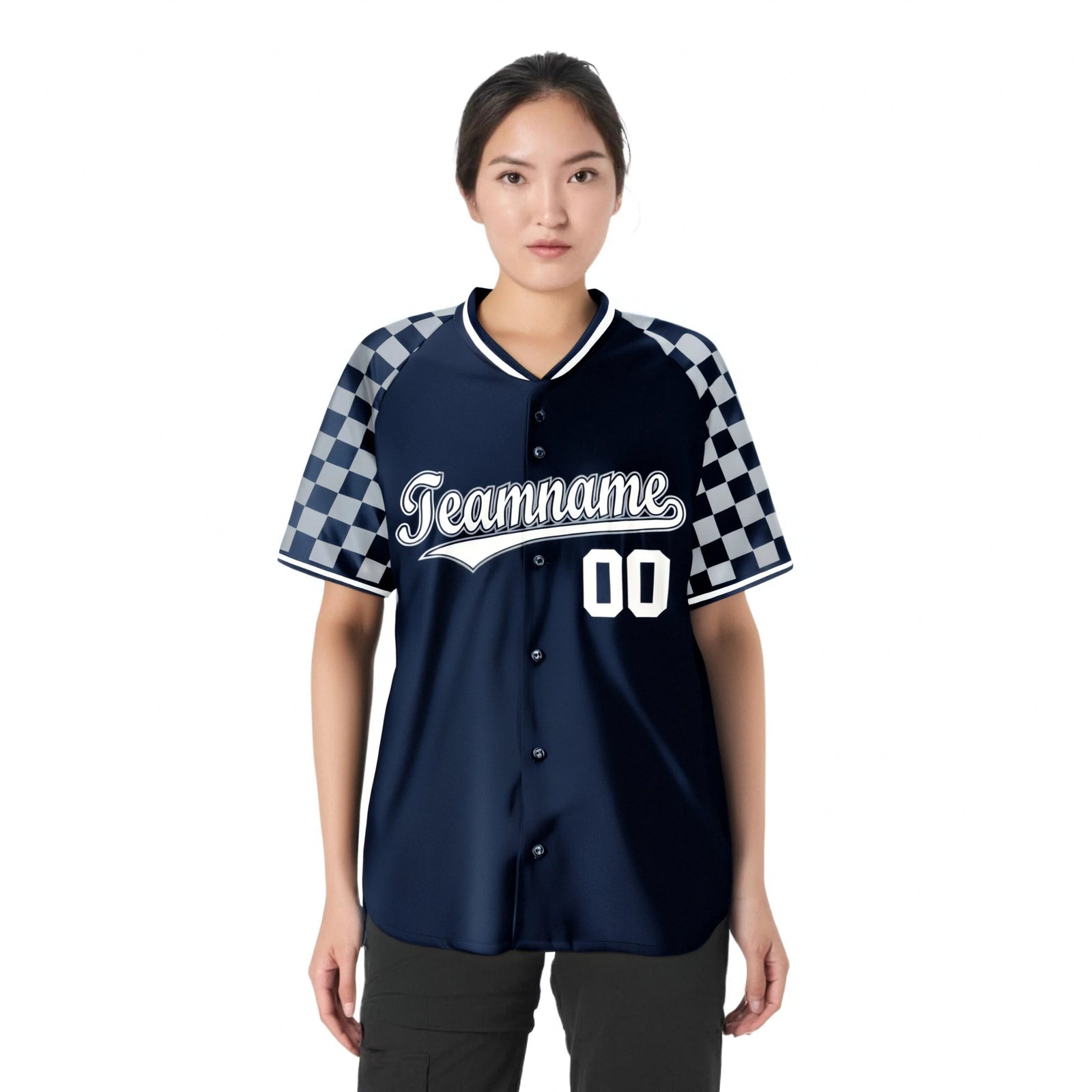 Custom Navy White-Gray Authentic Plaid Sleeve Baseball Jersey