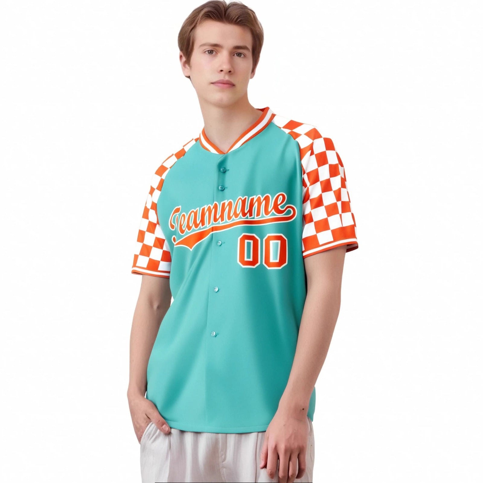 Custom Bright Green Orange-White Authentic Plaid Sleeve Baseball Jersey