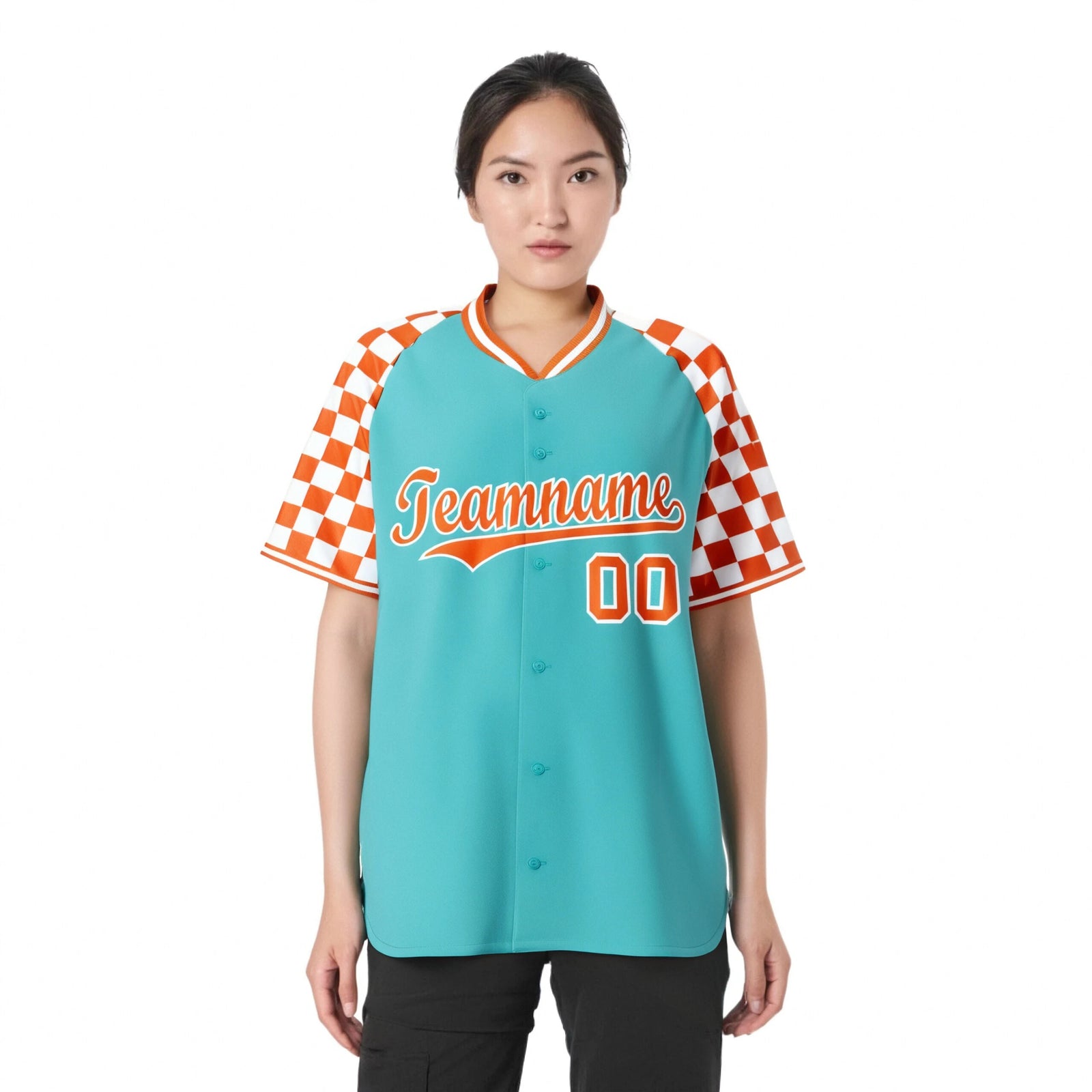 Custom Bright Green Orange-White Authentic Plaid Sleeve Baseball Jersey