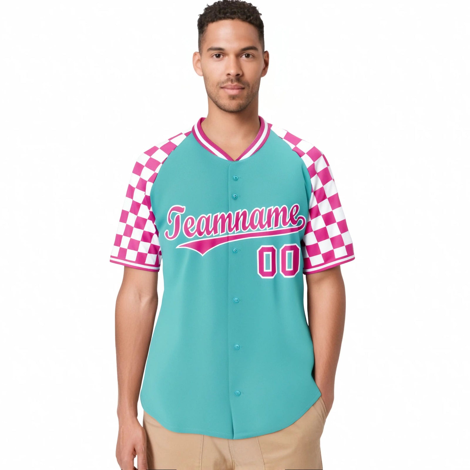 Custom Bright Green Pink-White Authentic Plaid Sleeve Baseball Jersey
