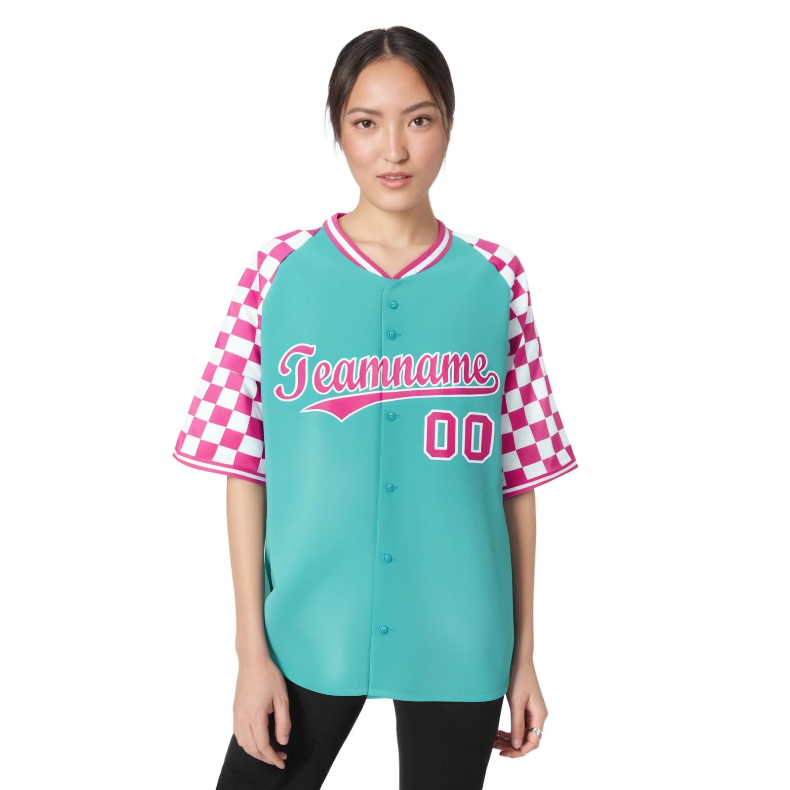 Custom Bright Green Pink-White Authentic Plaid Sleeve Baseball Jersey