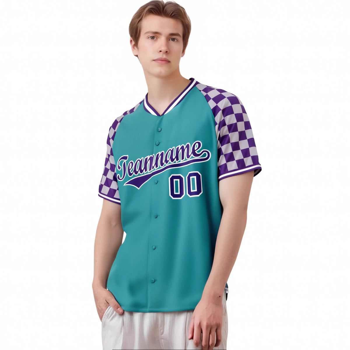 Custom Aqua Purple-Gray Authentic Plaid Sleeve Baseball Jersey