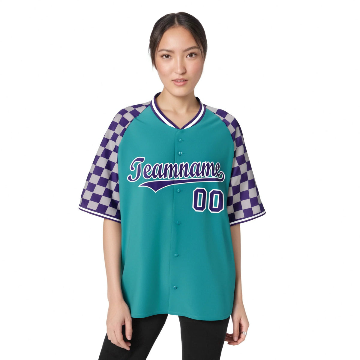 Custom Aqua Purple-Gray Authentic Plaid Sleeve Baseball Jersey