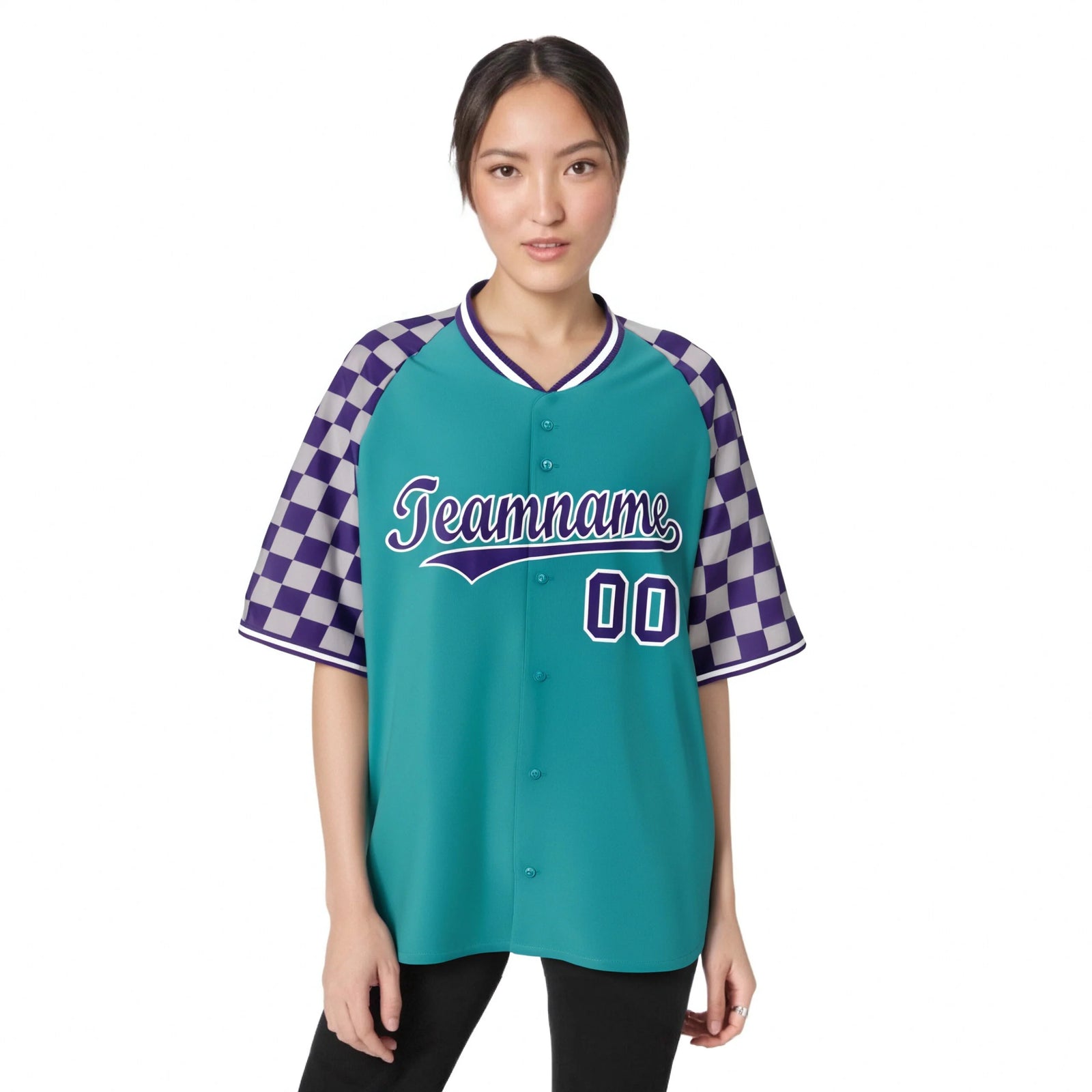 Custom Aqua Purple-Gray Authentic Plaid Sleeve Baseball Jersey
