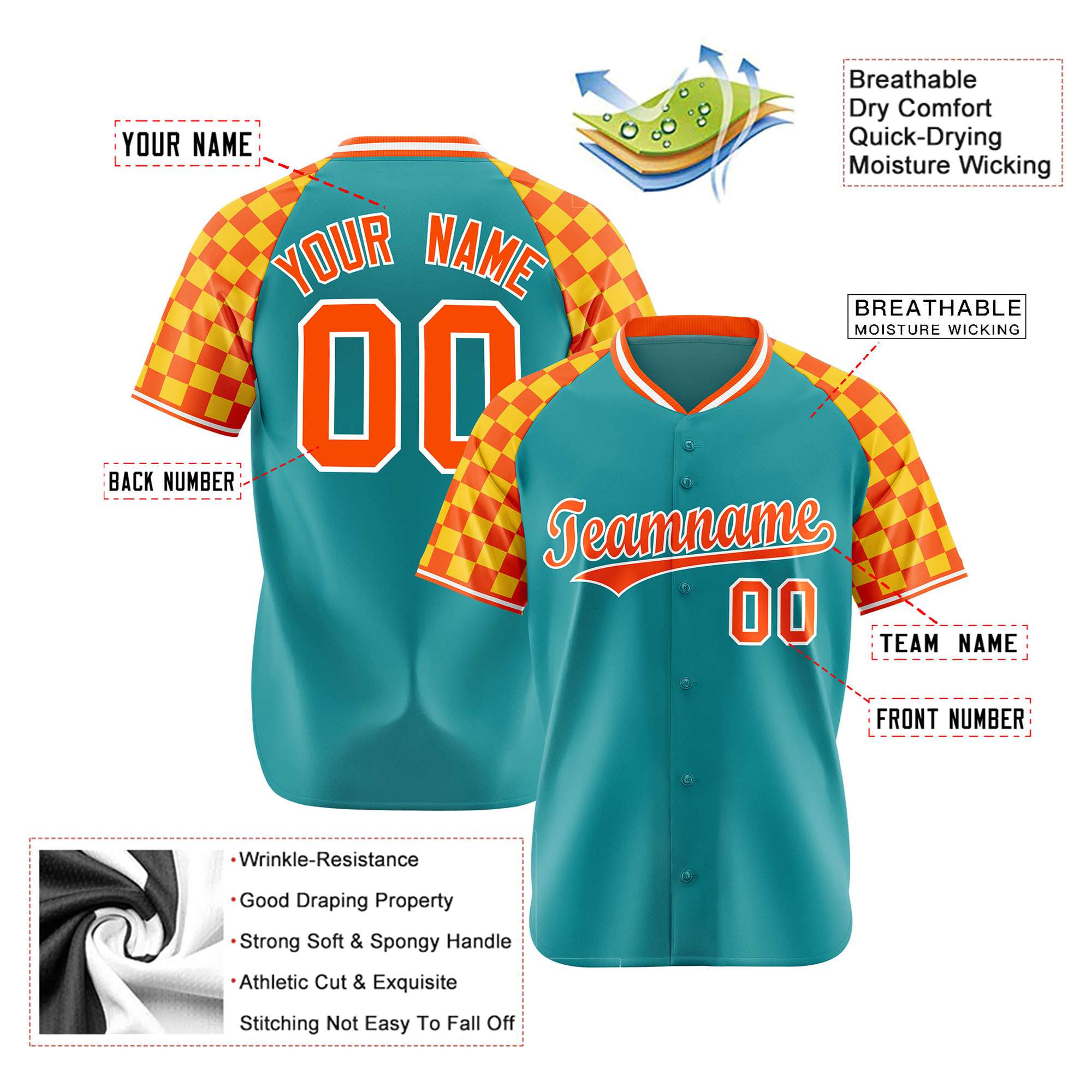 Custom Aqua Orange-Gold Authentic Plaid Sleeve Baseball Jersey