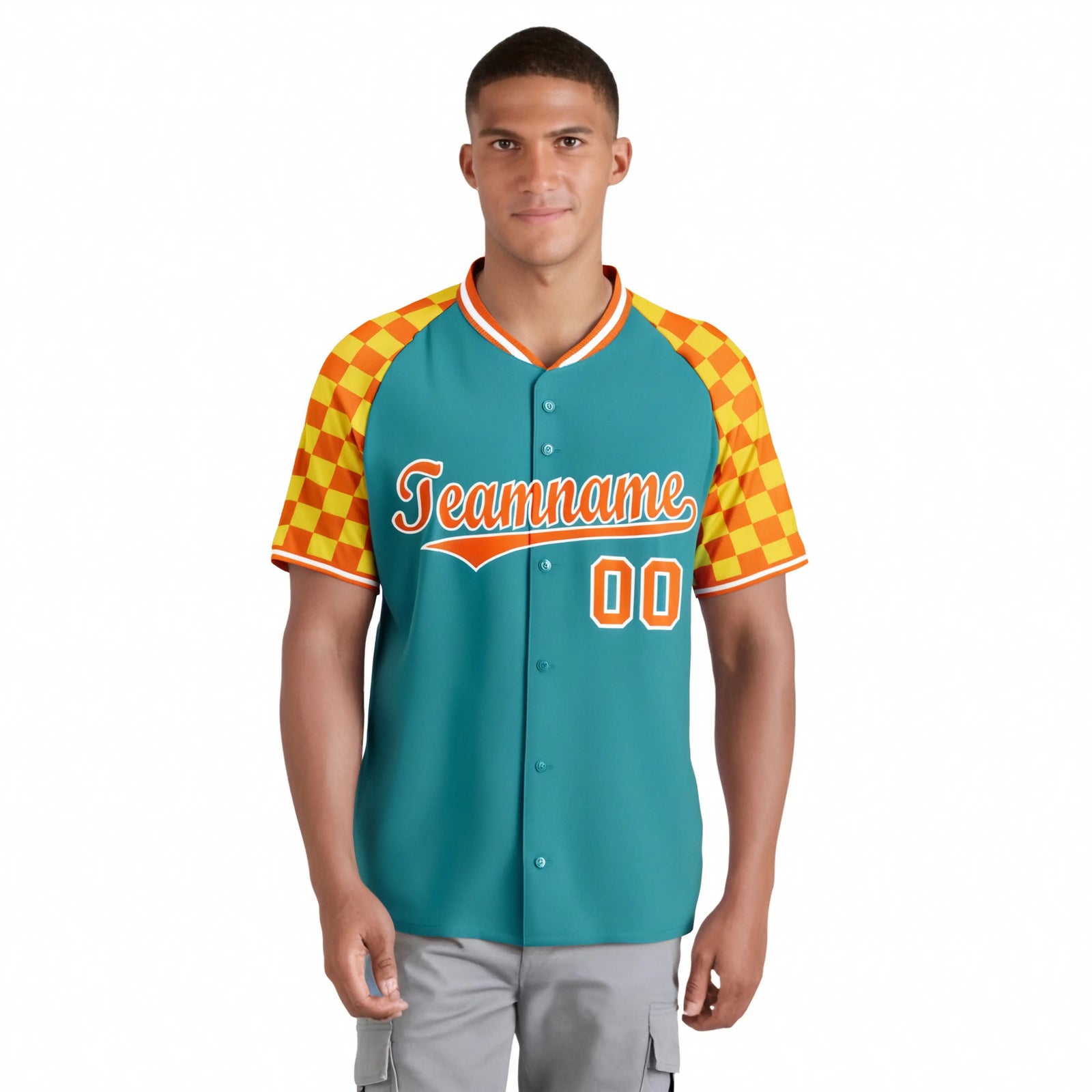 Custom Aqua Orange-Gold Authentic Plaid Sleeve Baseball Jersey