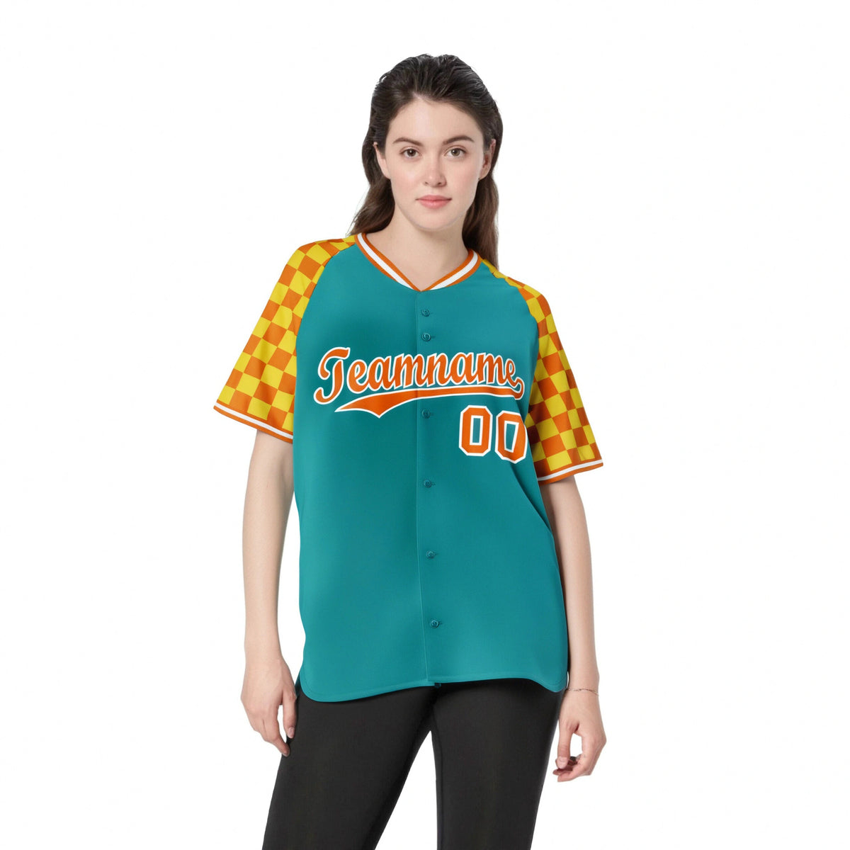 Custom Aqua Orange-Gold Authentic Plaid Sleeve Baseball Jersey