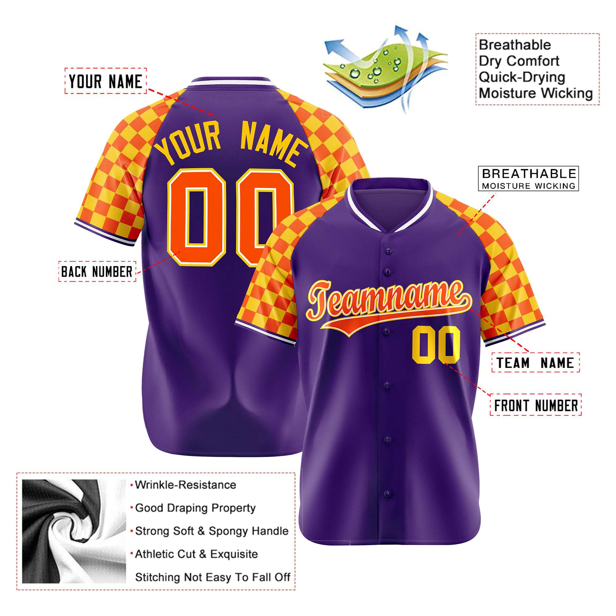 Custom Purple Orange-Gold Authentic Plaid Sleeve Baseball Jersey