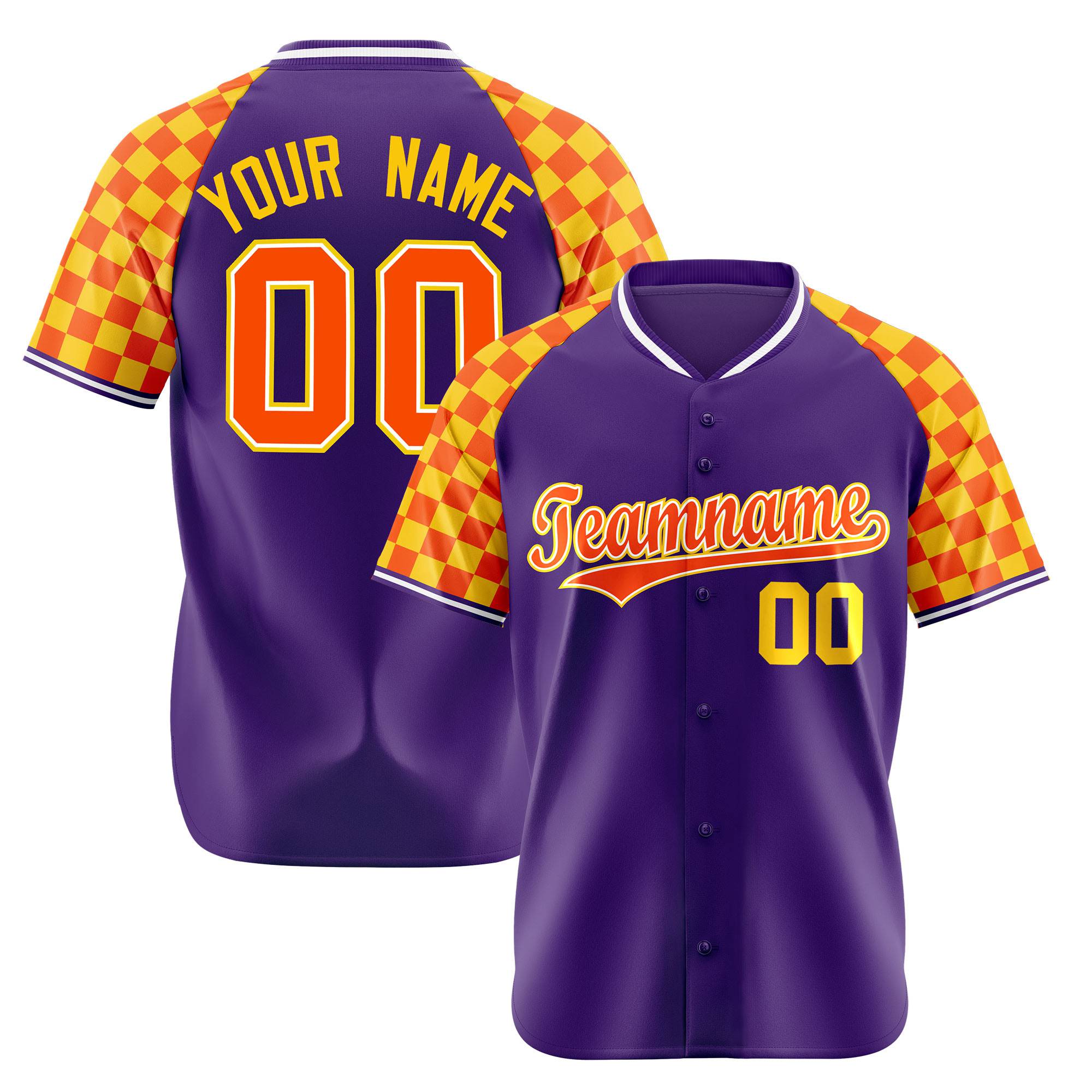 Custom Purple Orange-Gold Authentic Plaid Sleeve Baseball Jersey