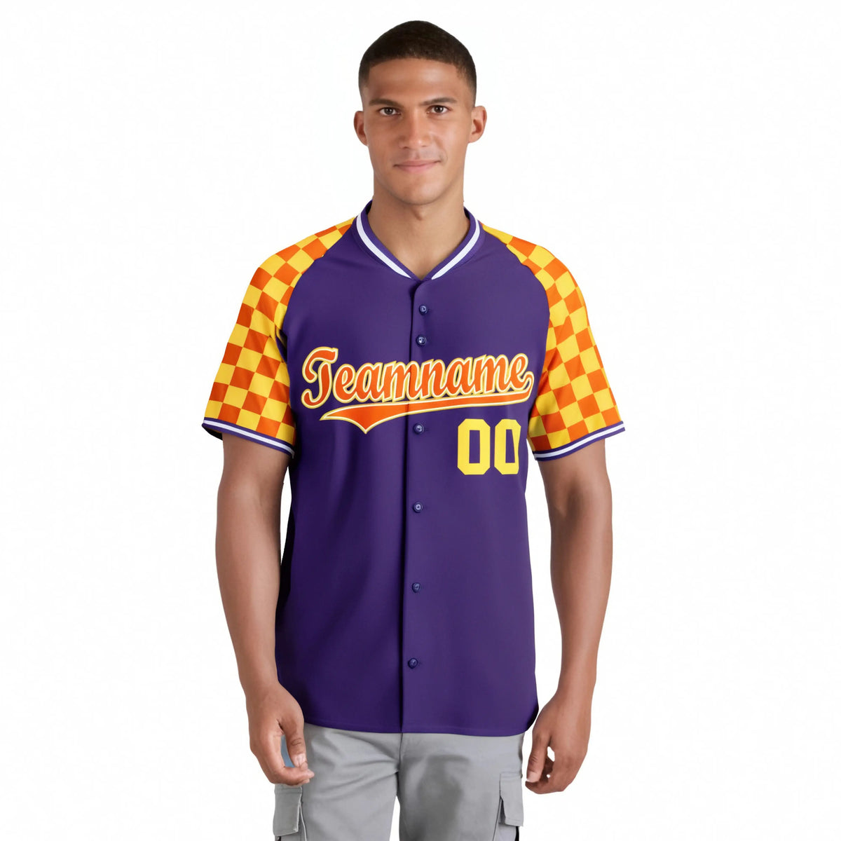 Custom Purple Orange-Gold Authentic Plaid Sleeve Baseball Jersey