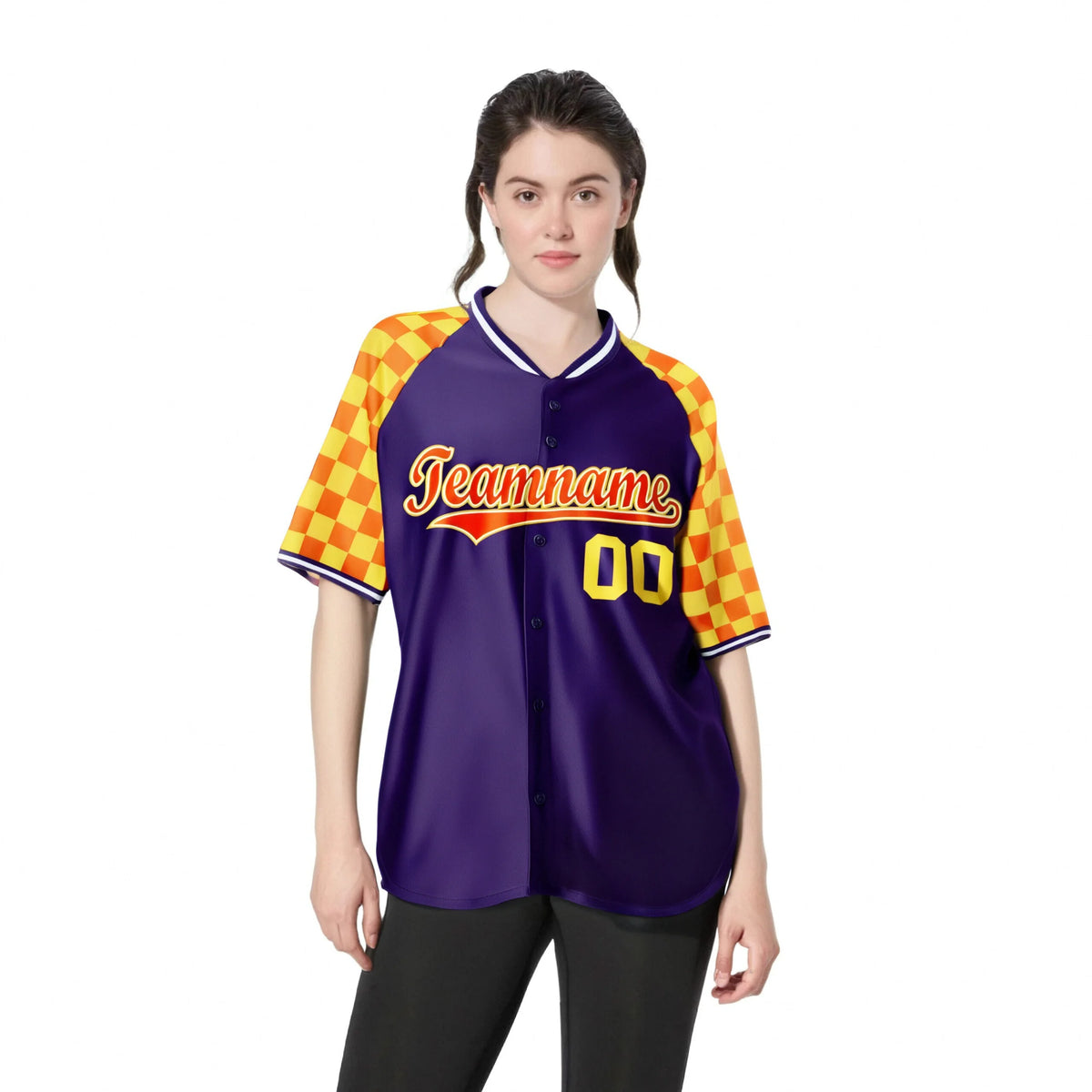 Custom Purple Orange-Gold Authentic Plaid Sleeve Baseball Jersey