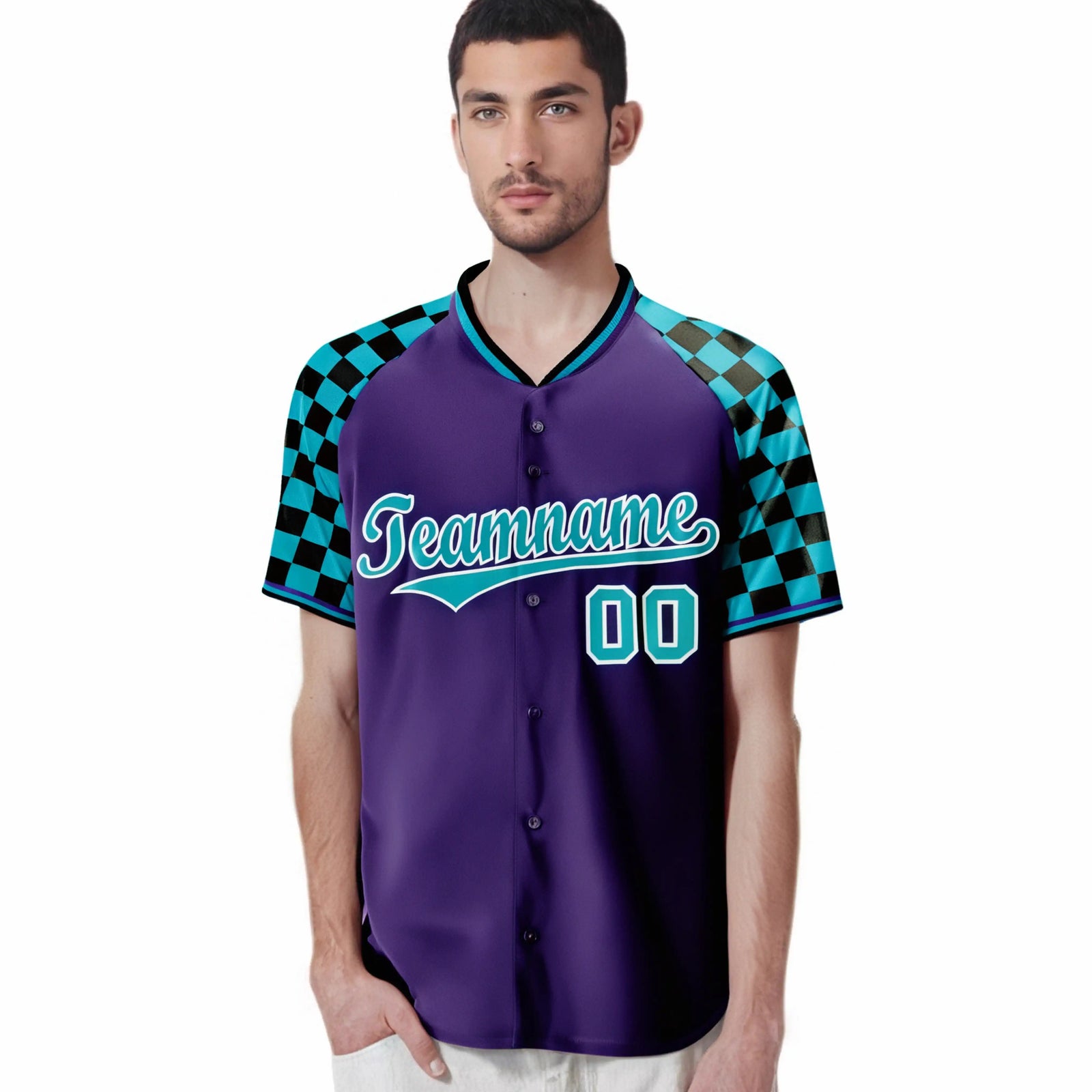 Custom Purple Aqua-Black Authentic Plaid Sleeve Baseball Jersey