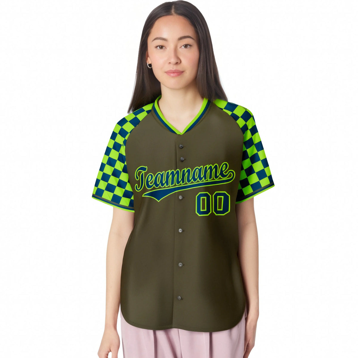 Custom Olive Neon Green-Navy Authentic Plaid Sleeve Baseball Jersey