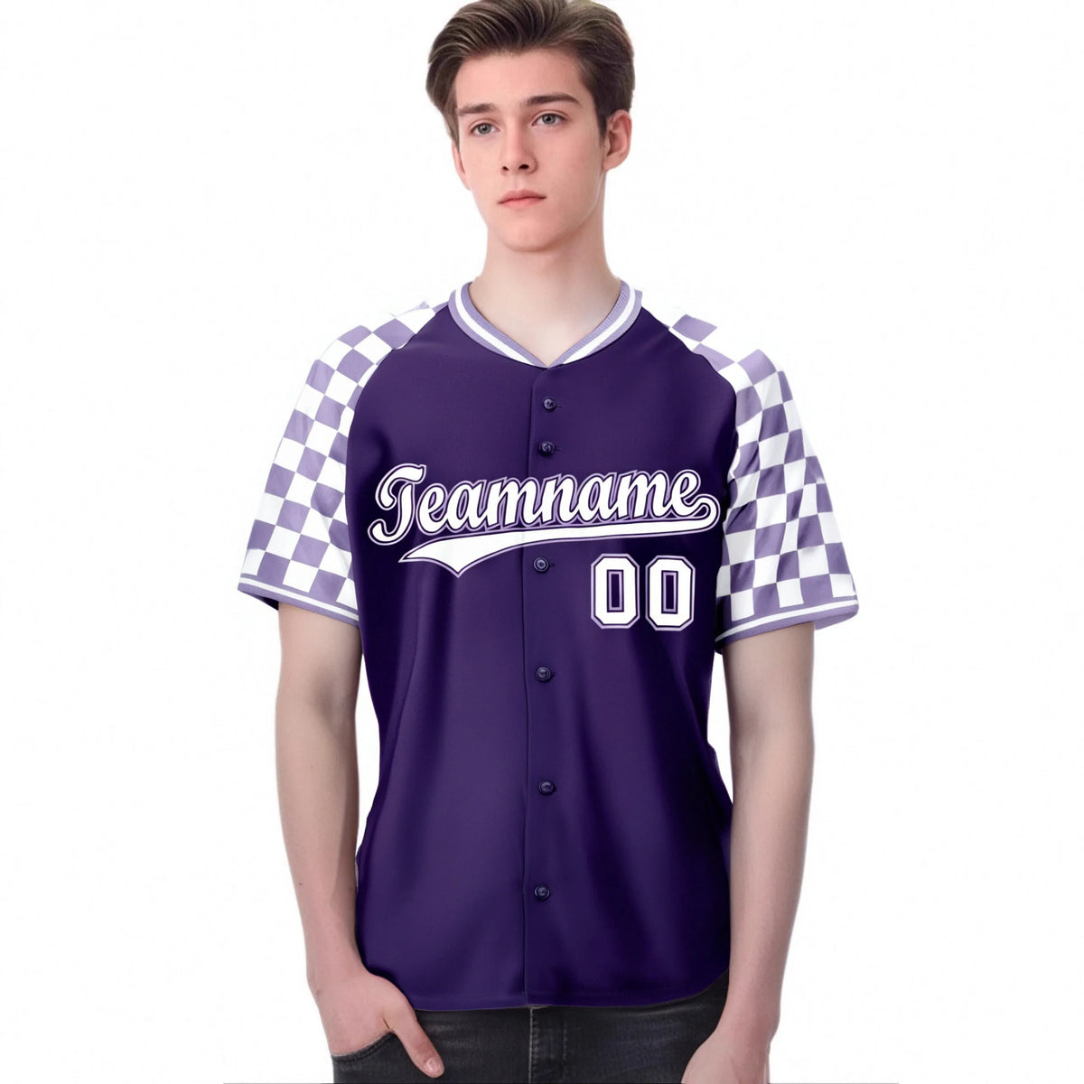 Custom Purple White Authentic Plaid Sleeve Baseball Jersey