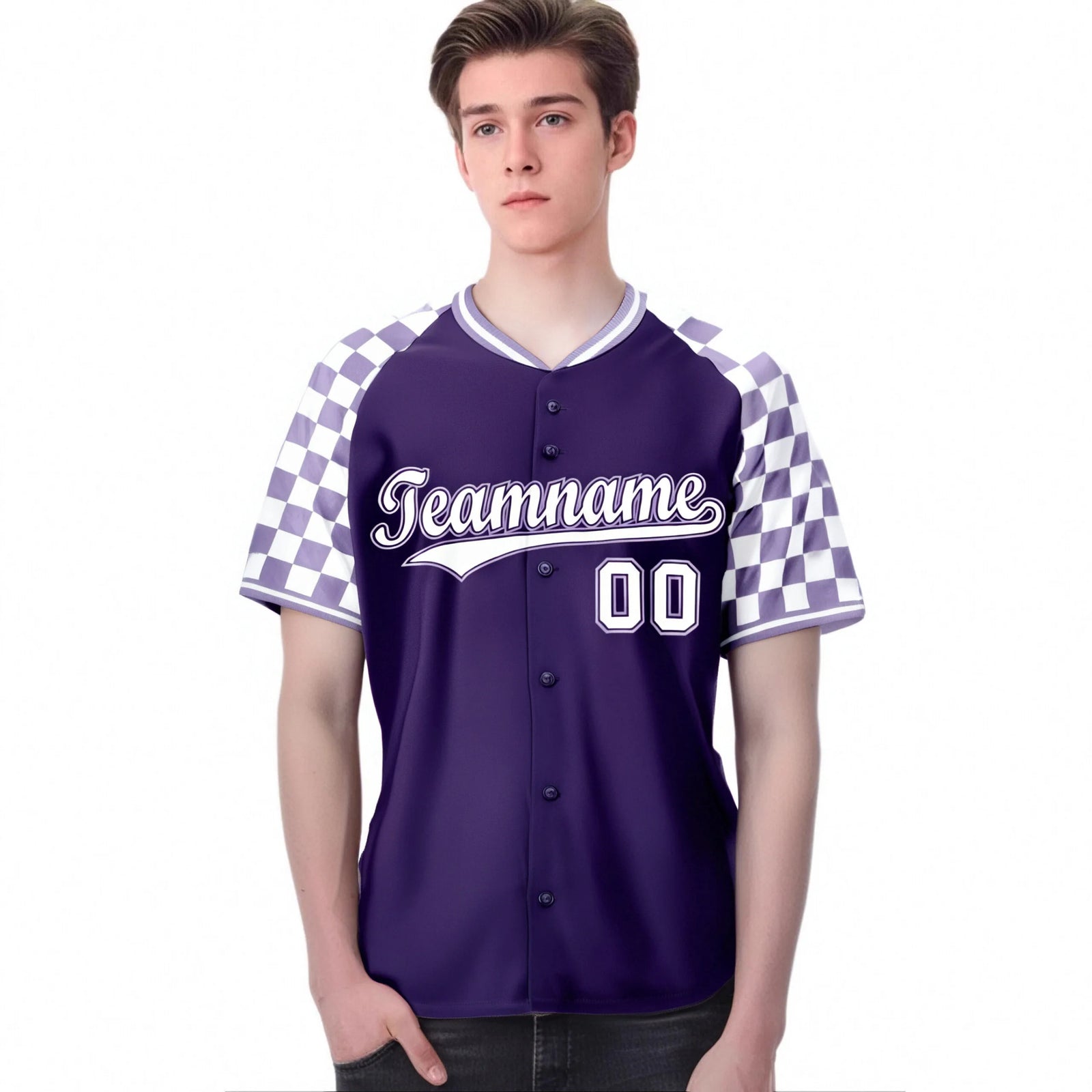 Custom Purple White Authentic Plaid Sleeve Baseball Jersey
