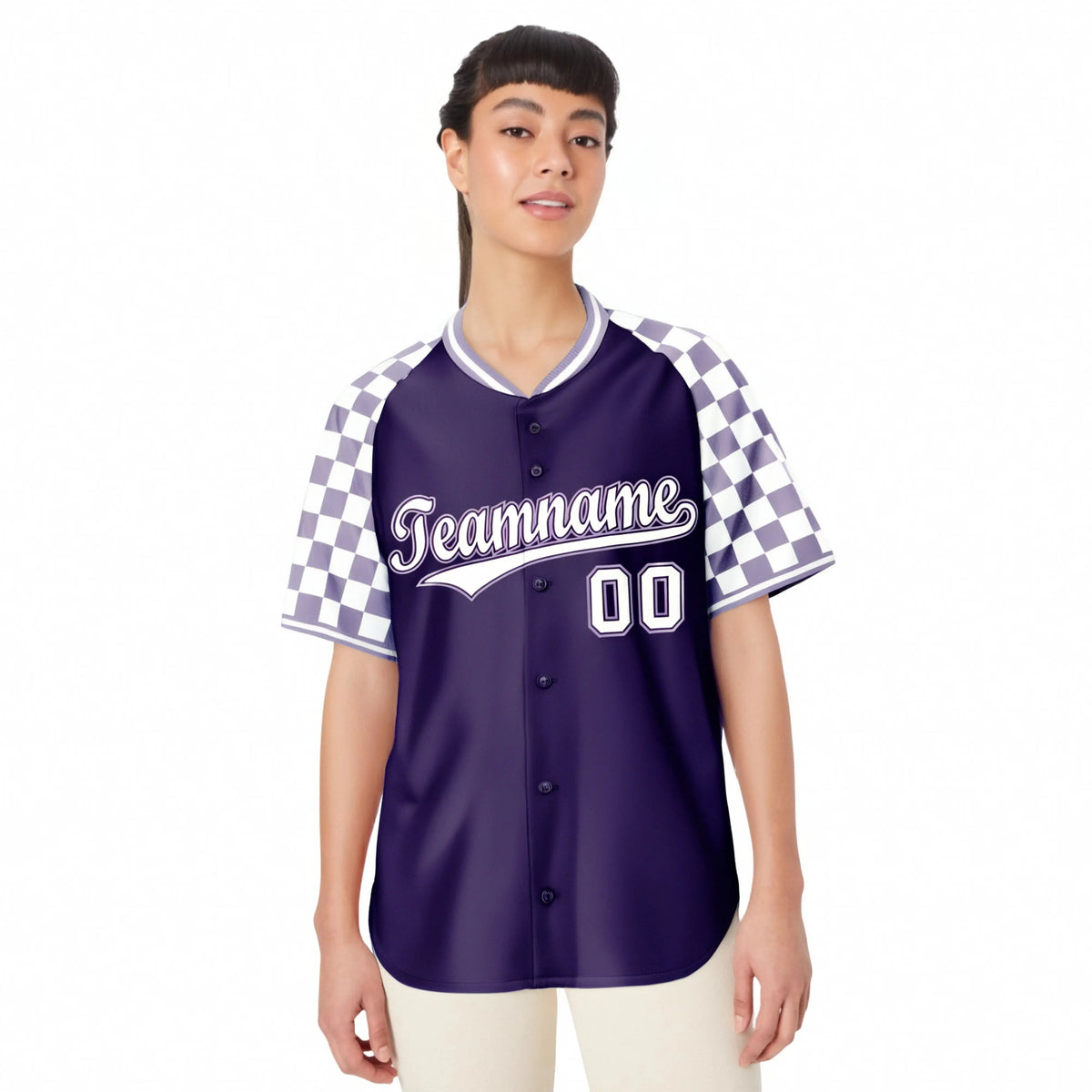 Custom Purple White Authentic Plaid Sleeve Baseball Jersey