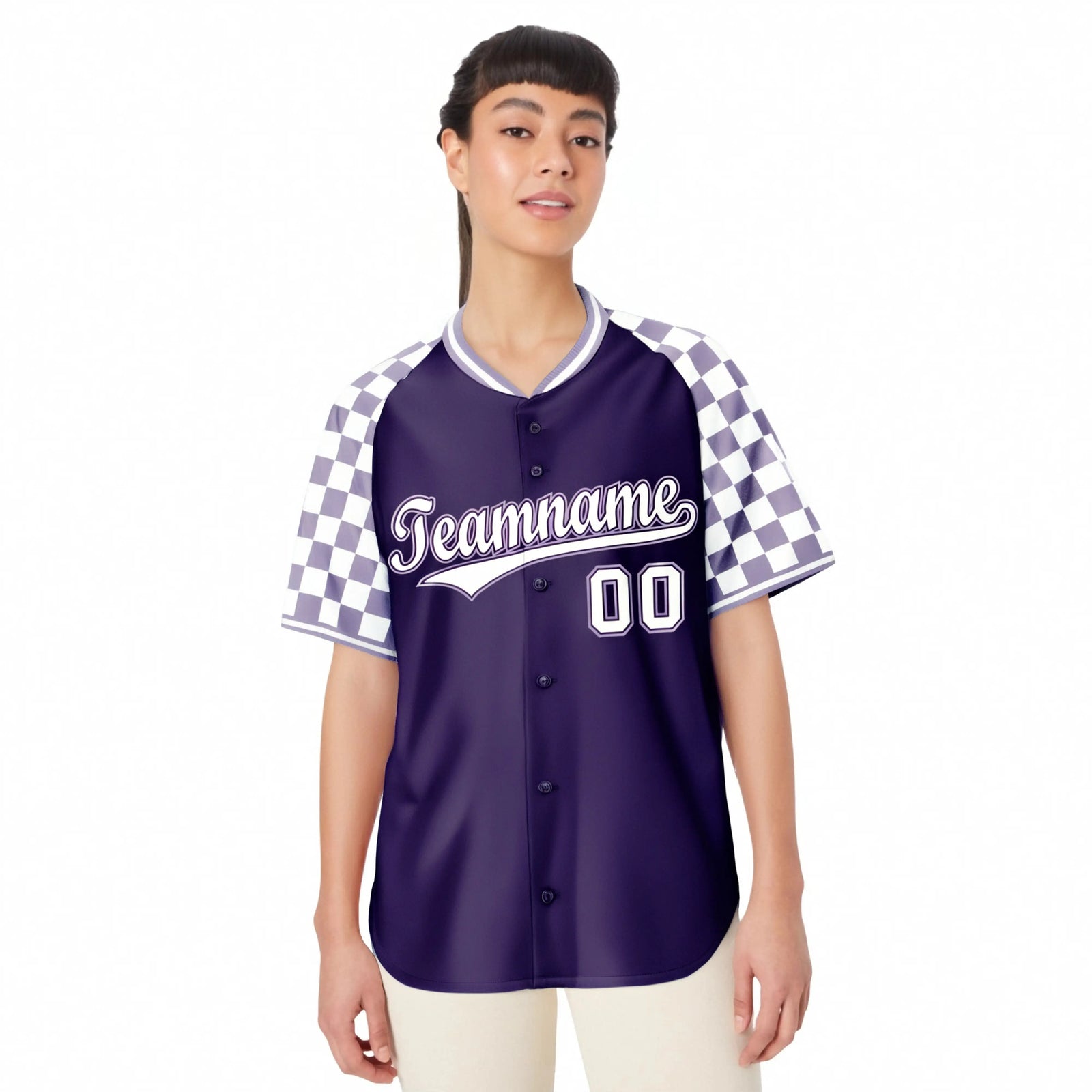 Custom Purple White Authentic Plaid Sleeve Baseball Jersey