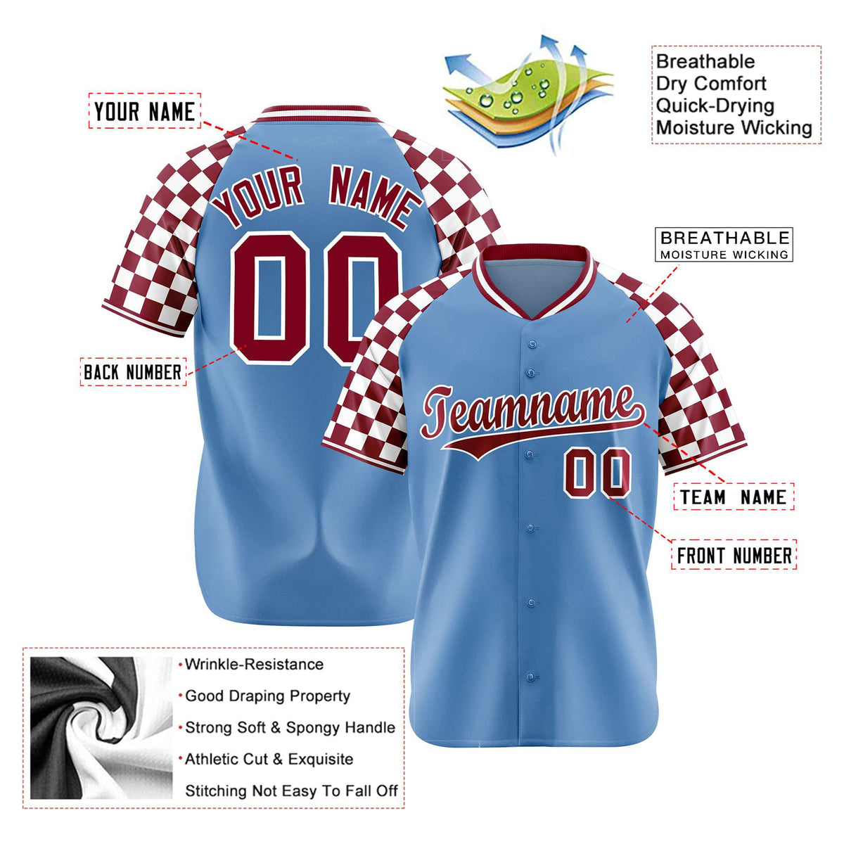 Custom Light Blue Crimson-White Authentic Plaid Sleeve Baseball Jersey