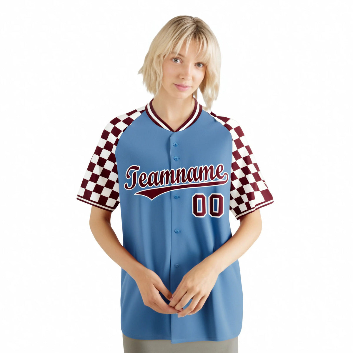 Custom Light Blue Crimson-White Authentic Plaid Sleeve Baseball Jersey