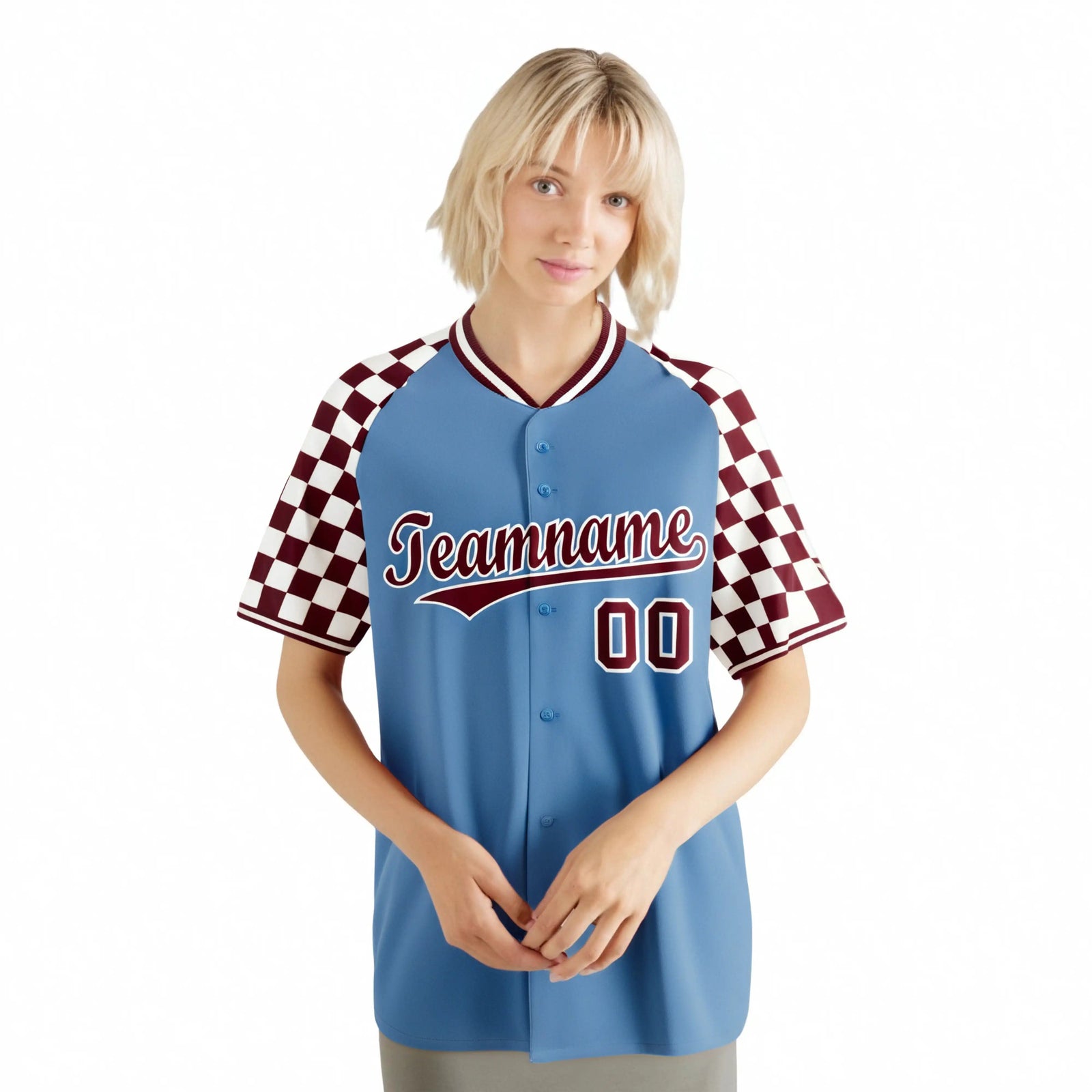 Custom Light Blue Crimson-White Authentic Plaid Sleeve Baseball Jersey