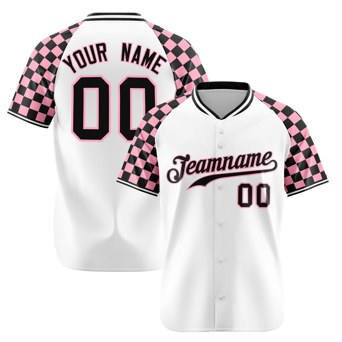 Custom White Light Pink-Black Authentic Plaid sleeve Baseball Jersey