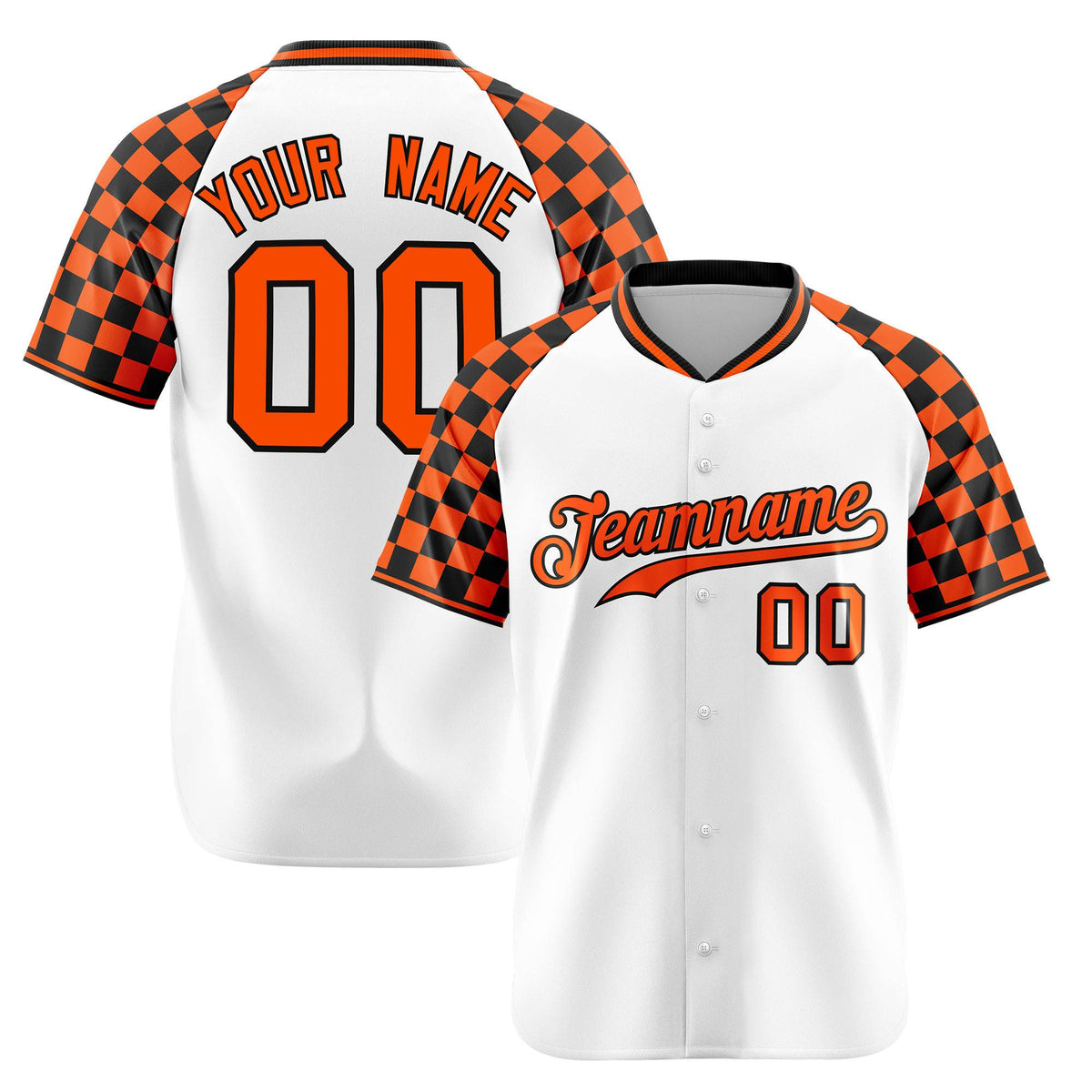 Custom White Orange-Black Authentic Plaid sleeve Baseball Jersey