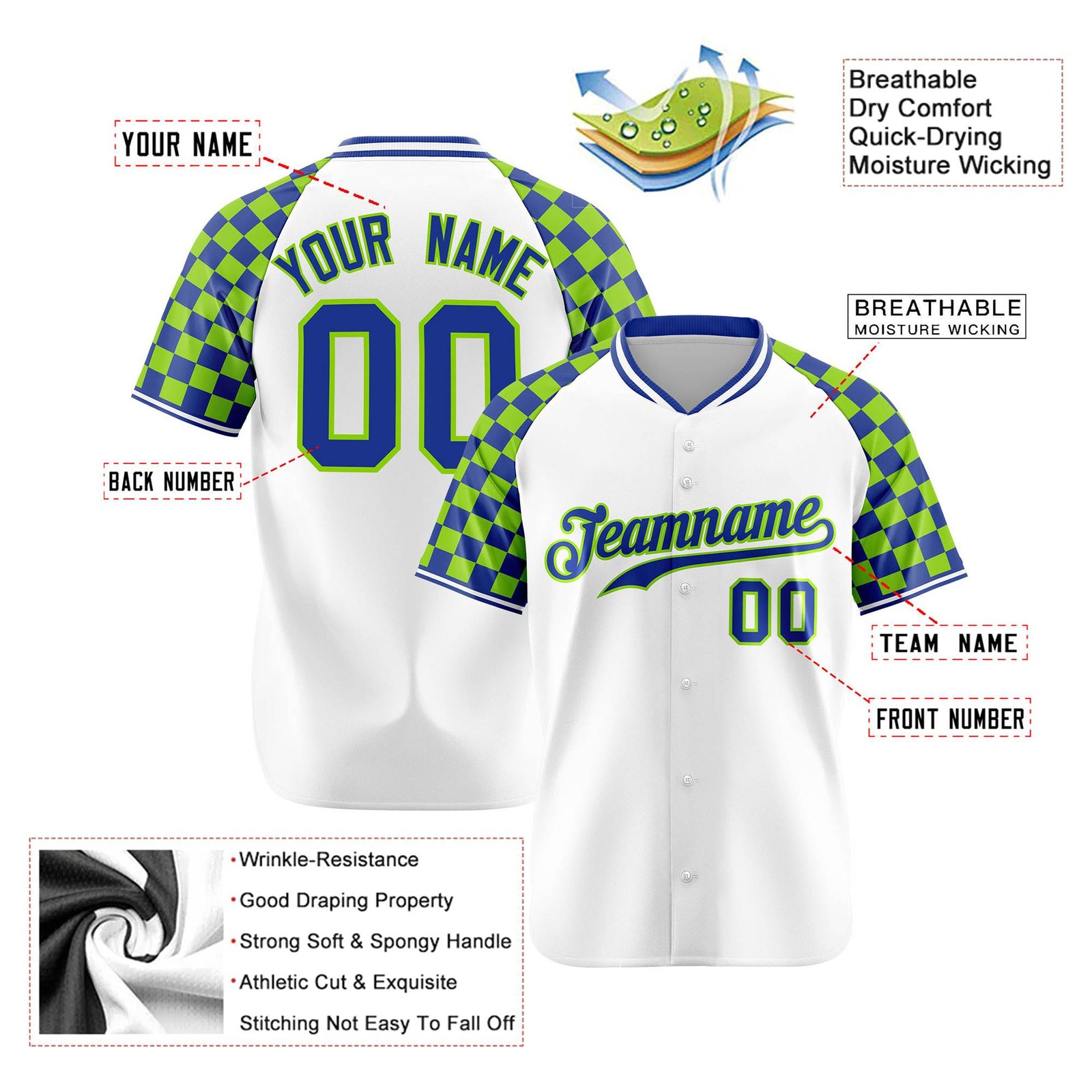 Custom White Neon Green-Royal Blue Authentic Plaid sleeve Baseball Jersey
