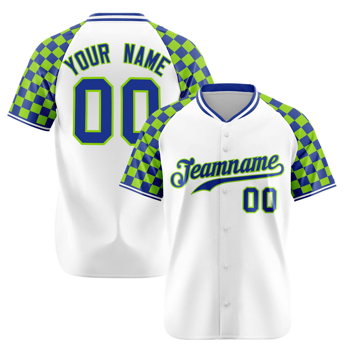 Custom White Neon Green-Royal Blue Authentic Plaid sleeve Baseball Jersey