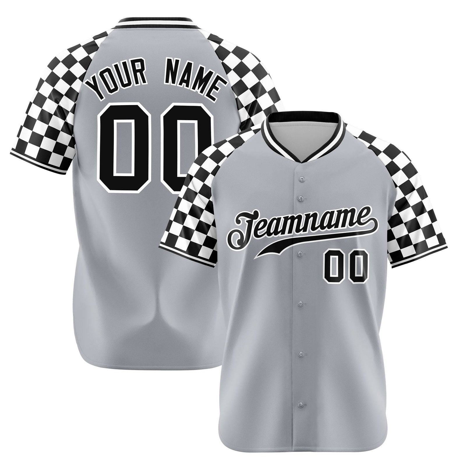Custom Gray Black-White Authentic Plaid sleeve Baseball Jersey