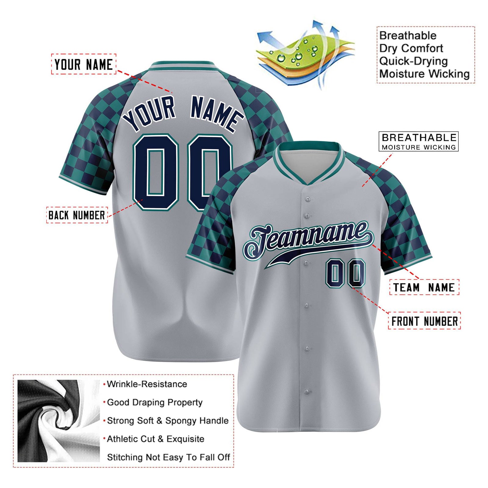 Custom Gray Navy-Aqua Authentic Plaid Sleeve Baseball Jersey