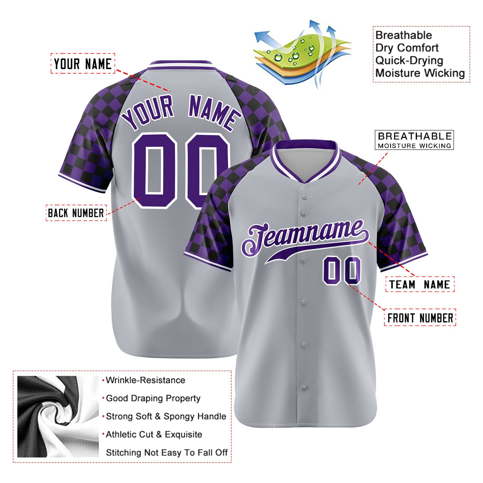 Custom Gray Purple-Black Authentic Plaid Sleeve Baseball Jersey