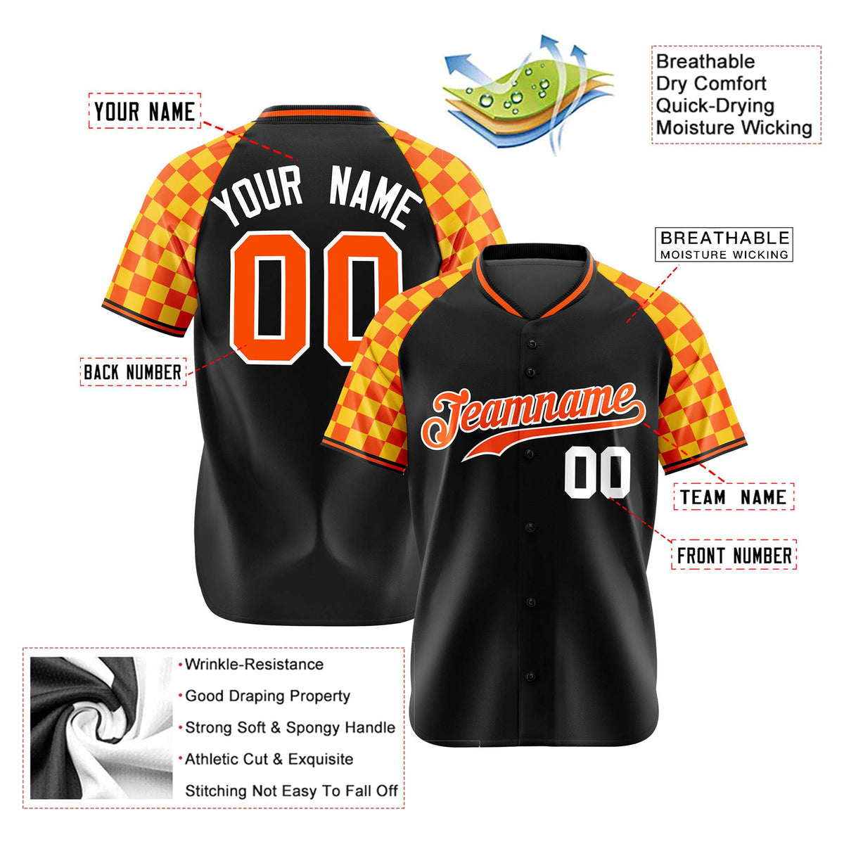 Custom Black Orange-Gold Authentic Plaid Sleeve Baseball Jersey