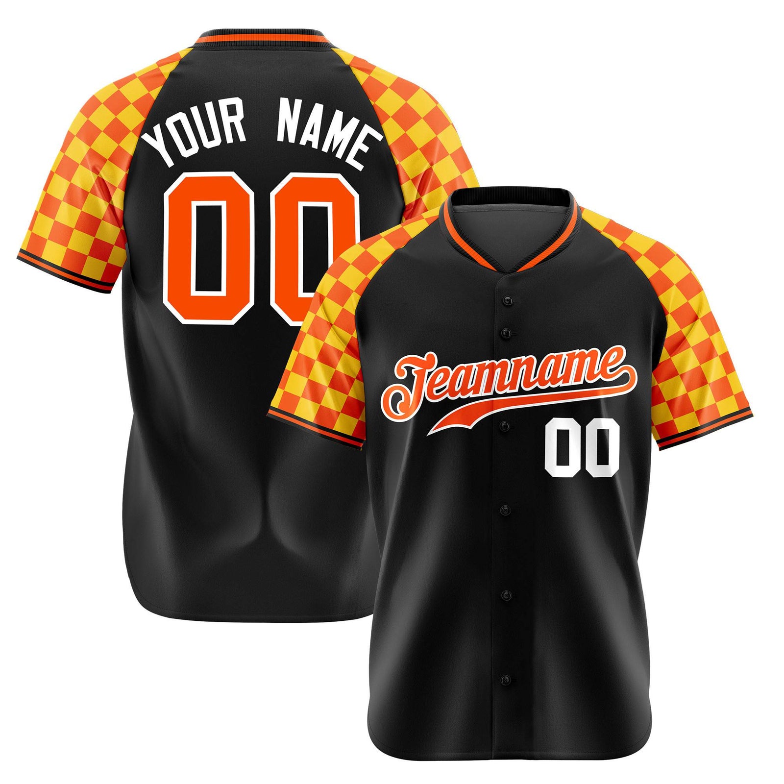 Custom Black Orange-Gold Authentic Plaid Sleeve Baseball Jersey