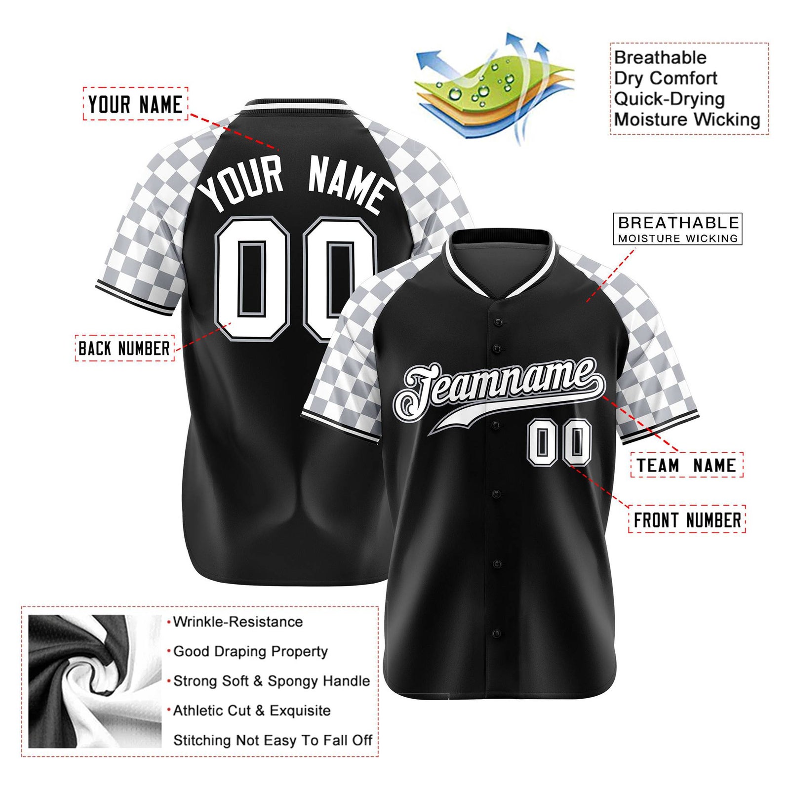 Custom Black Gray-White Authentic Plaid Sleeve Baseball Jersey