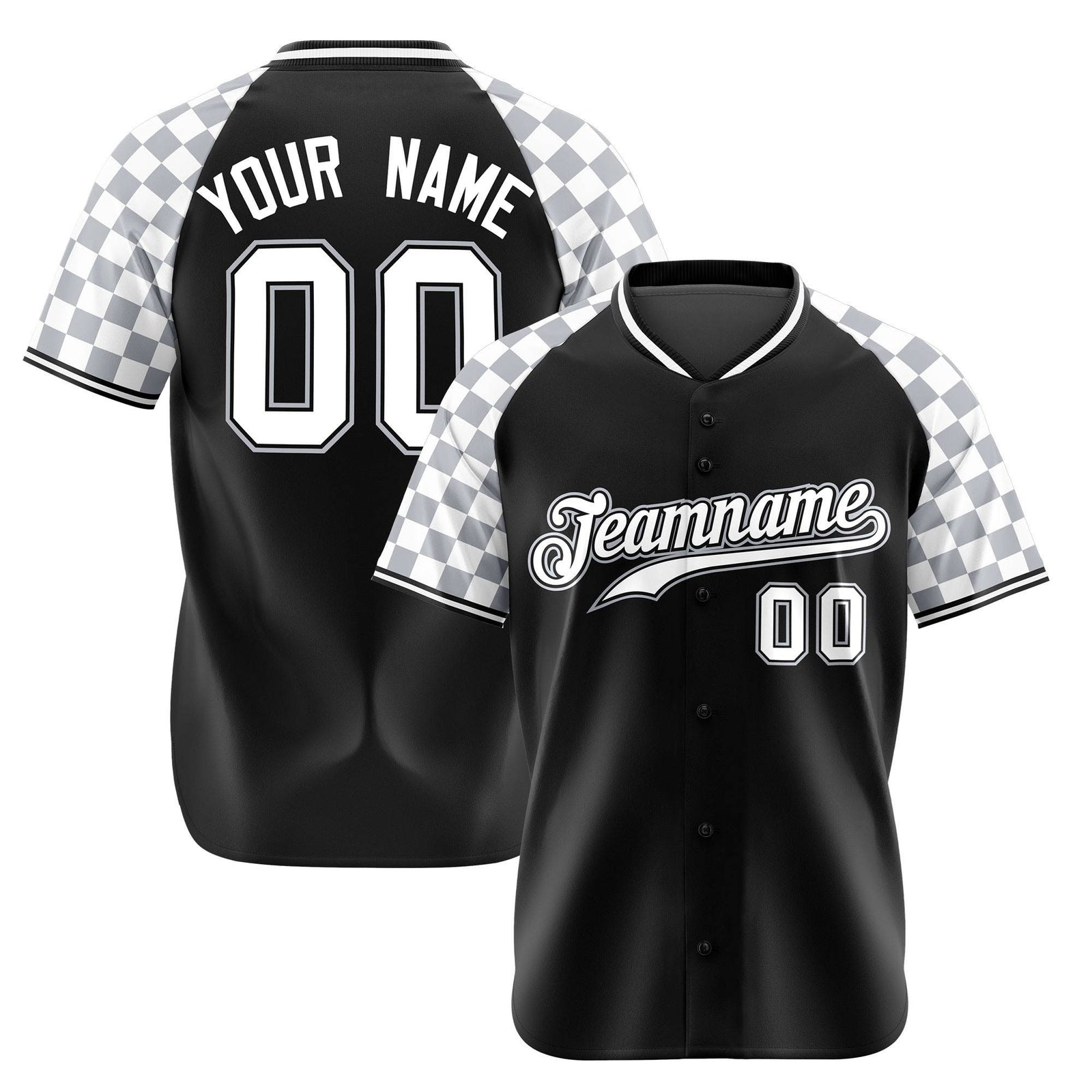 Custom Black Gray-White Authentic Plaid Sleeve Baseball Jersey