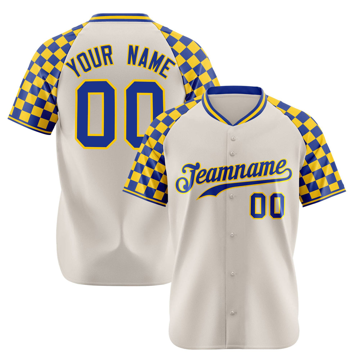 Custom Khaki Royal Blue-Gold Authentic Plaid Sleeve Baseball Jersey