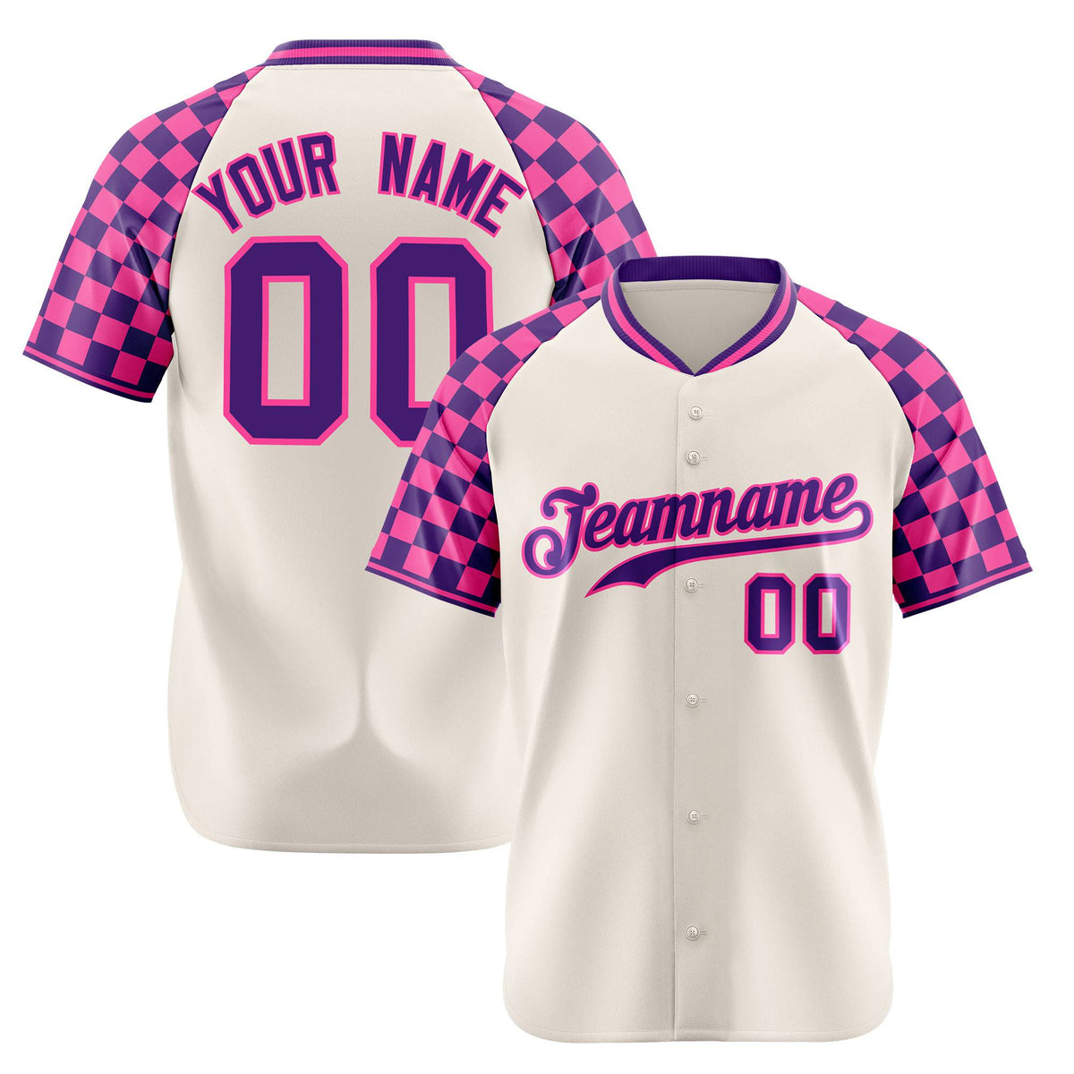 Custom Khaki Purple-Pink Authentic Plaid Sleeve Baseball Jersey