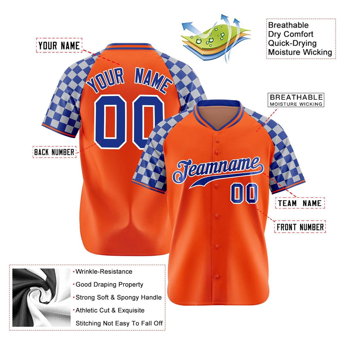 Custom Orange Royal Blue-Gray Authentic Plaid Sleeve Baseball Jersey