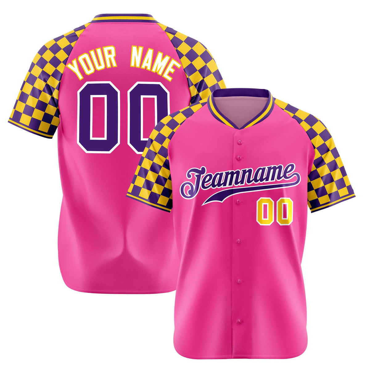 Custom Pink Purple-Gold Authentic Plaid Sleeve Baseball Jersey