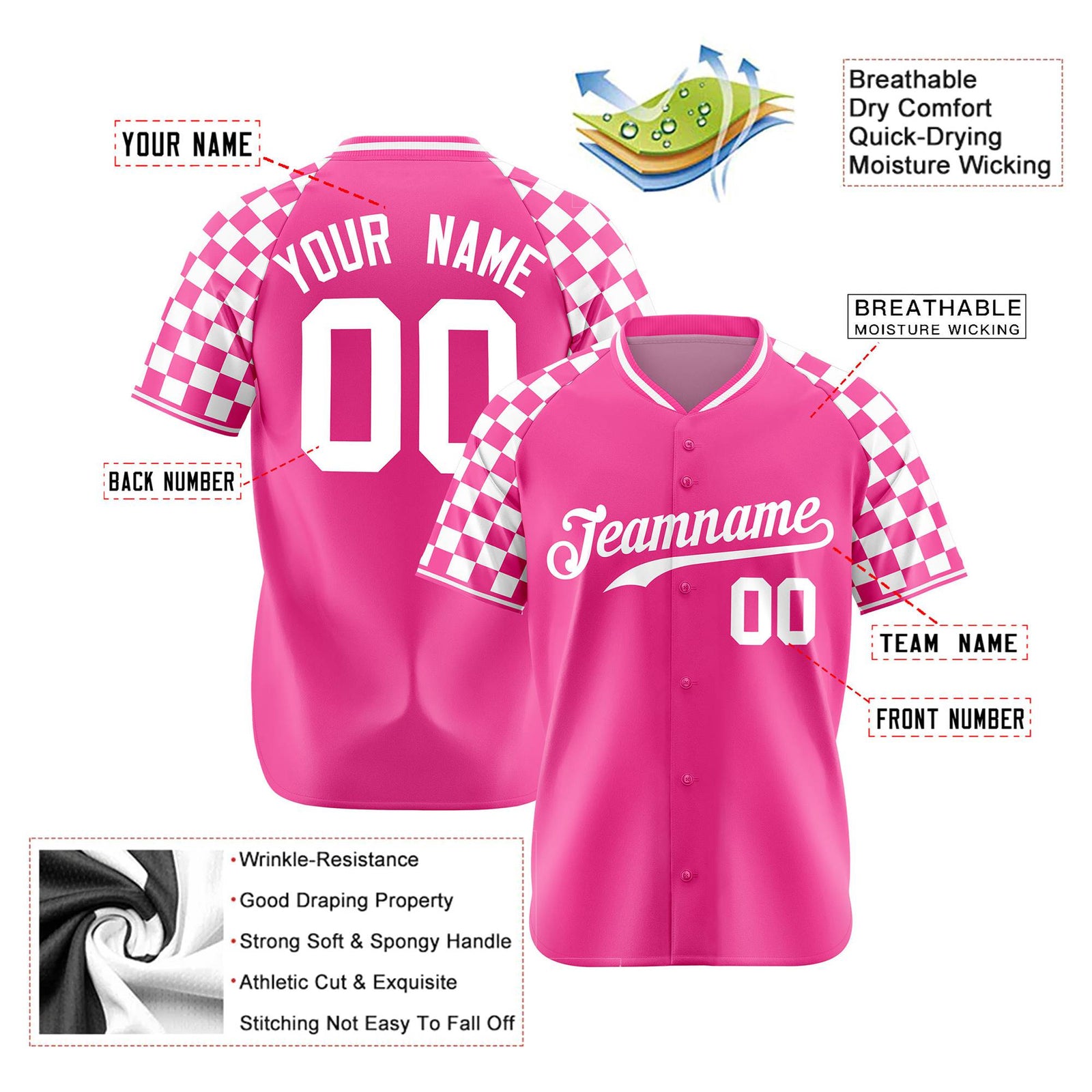 Custom Pink White Authentic Plaid Sleeve Baseball Jersey