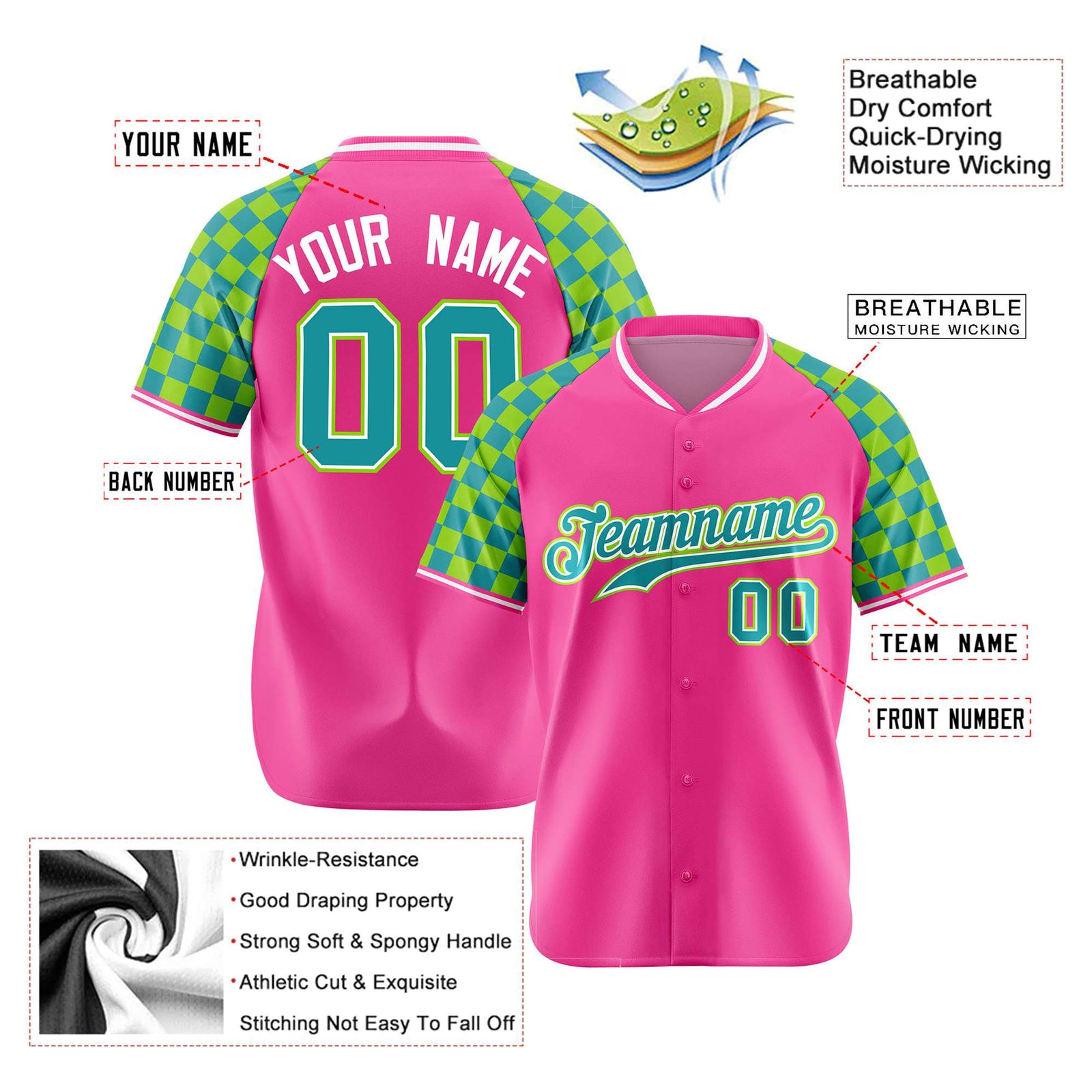 Custom Pink Neon Green-Aqua Authentic Plaid Sleeve Baseball Jersey