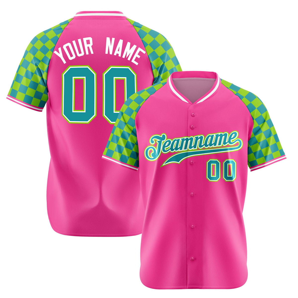 Custom Pink Neon Green-Aqua Authentic Plaid Sleeve Baseball Jersey