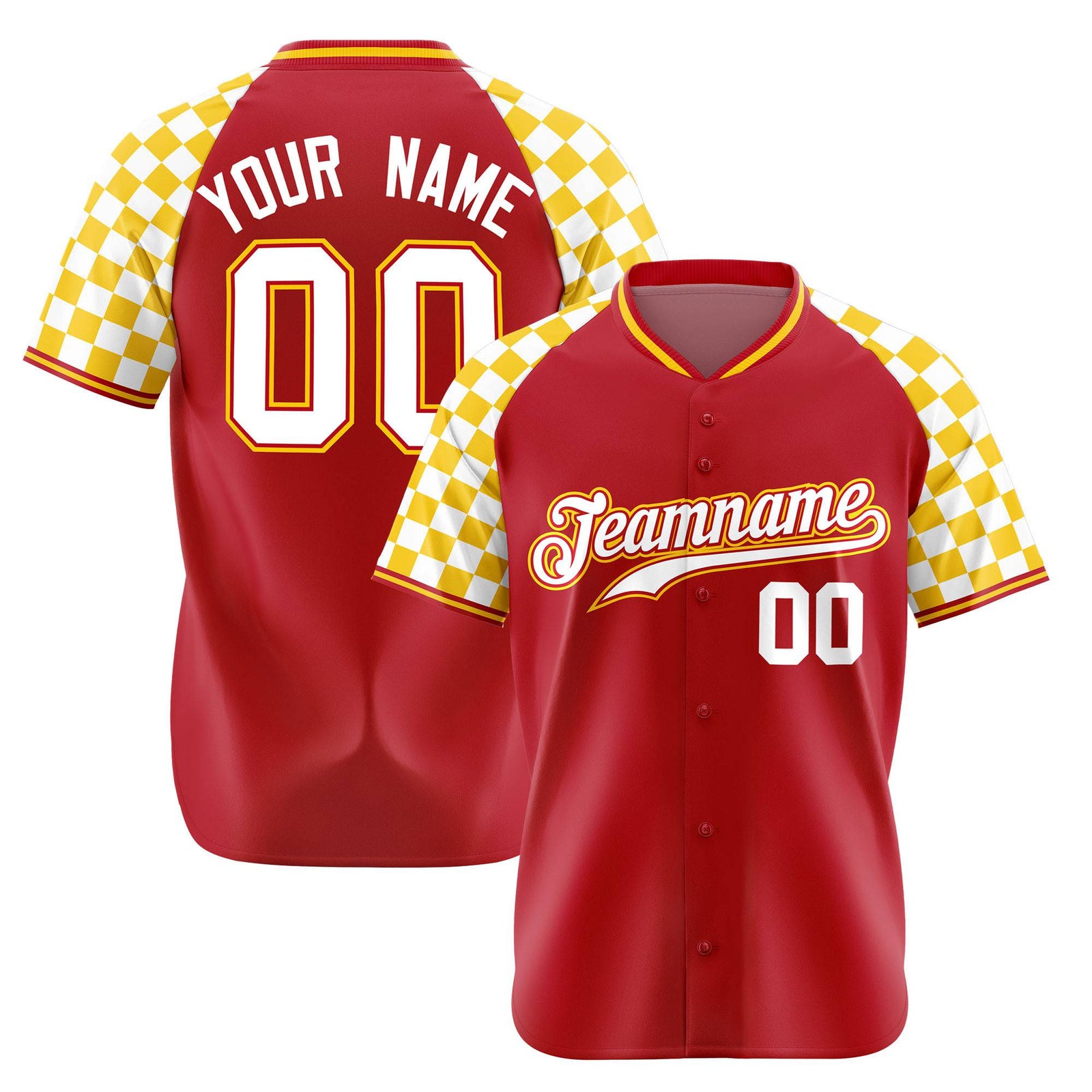 Custom Red White-Gold Authentic Plaid Sleeve Baseball Jersey