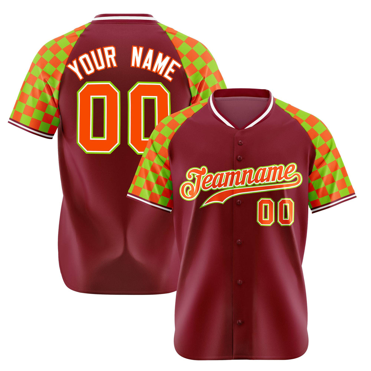 Custom Crimson Orange-Neon Green Authentic Plaid Sleeve Baseball Jersey