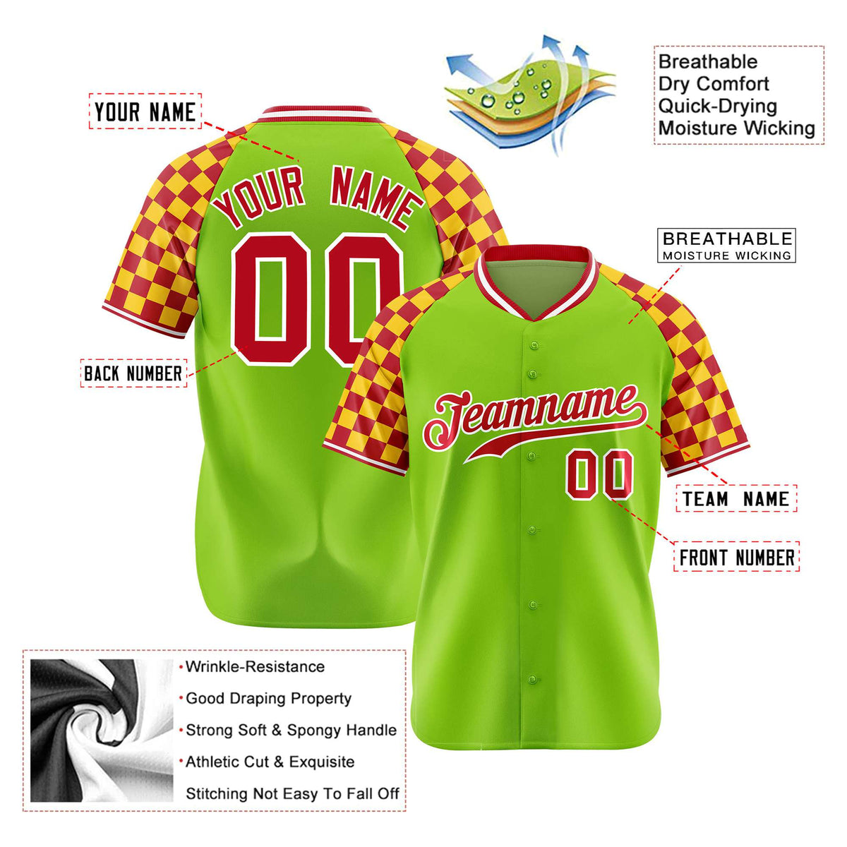 Custom Neon Green Red-Gold Authentic Plaid Sleeve Baseball Jersey