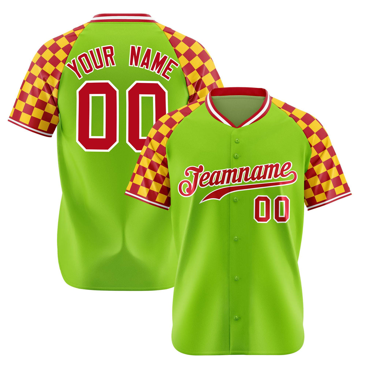 Custom Neon Green Red-Gold Authentic Plaid Sleeve Baseball Jersey