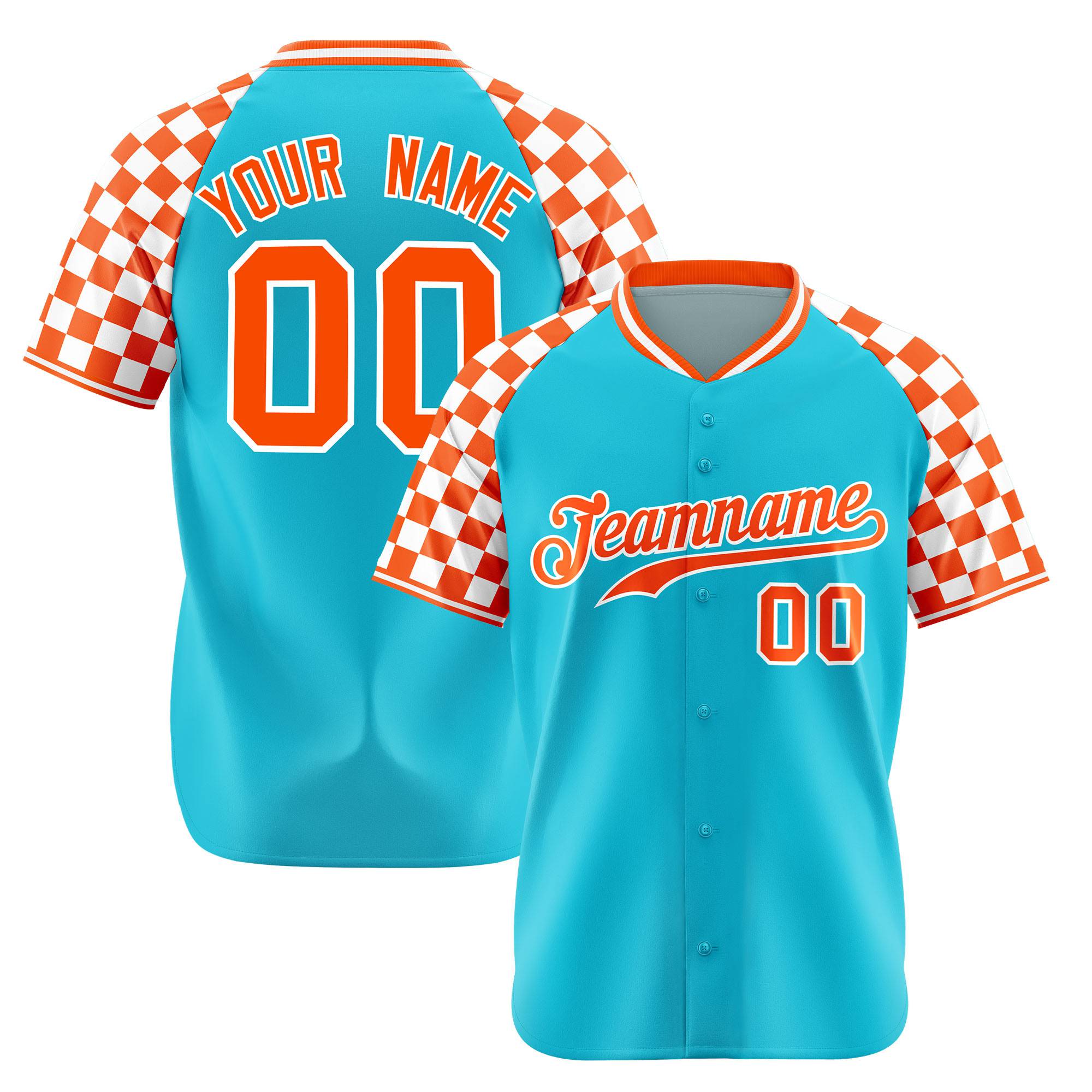 Custom Sky Blue Orange-White Authentic Plaid Sleeve Baseball Jersey