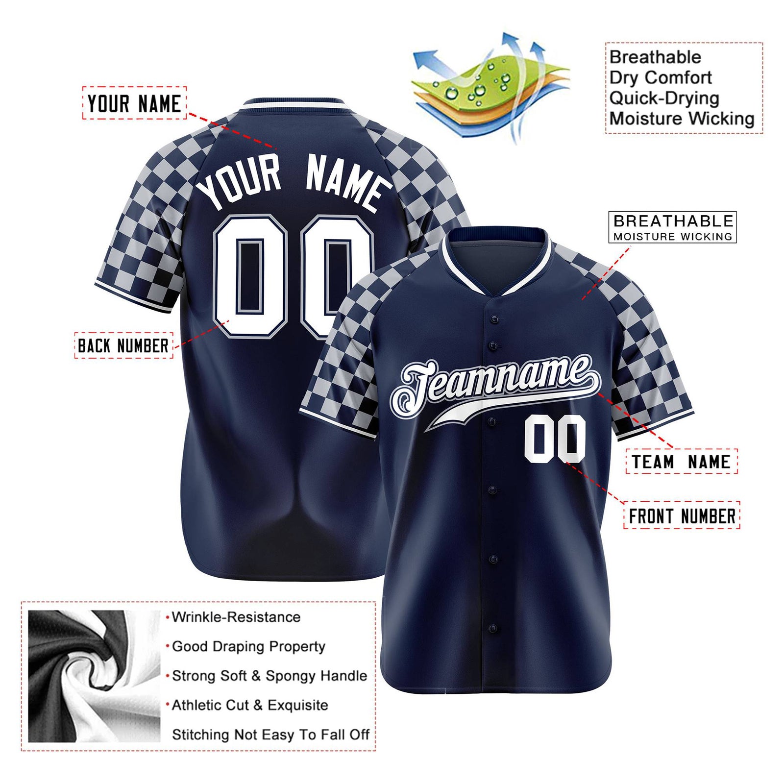 Custom Navy White-Gray Authentic Plaid Sleeve Baseball Jersey