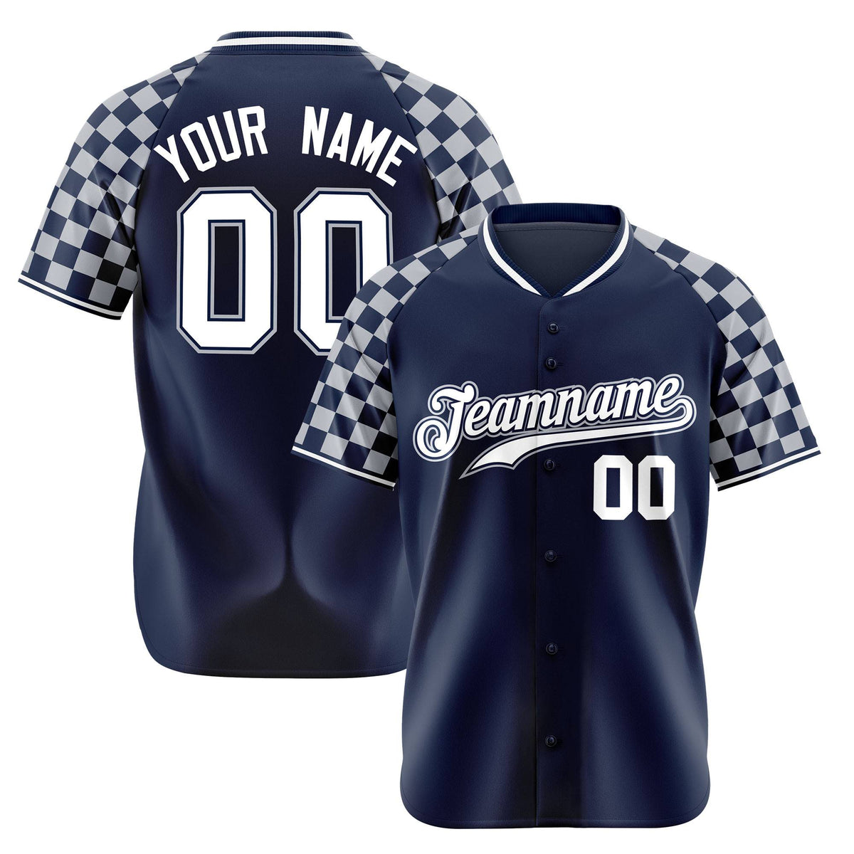 Custom Navy White-Gray Authentic Plaid Sleeve Baseball Jersey
